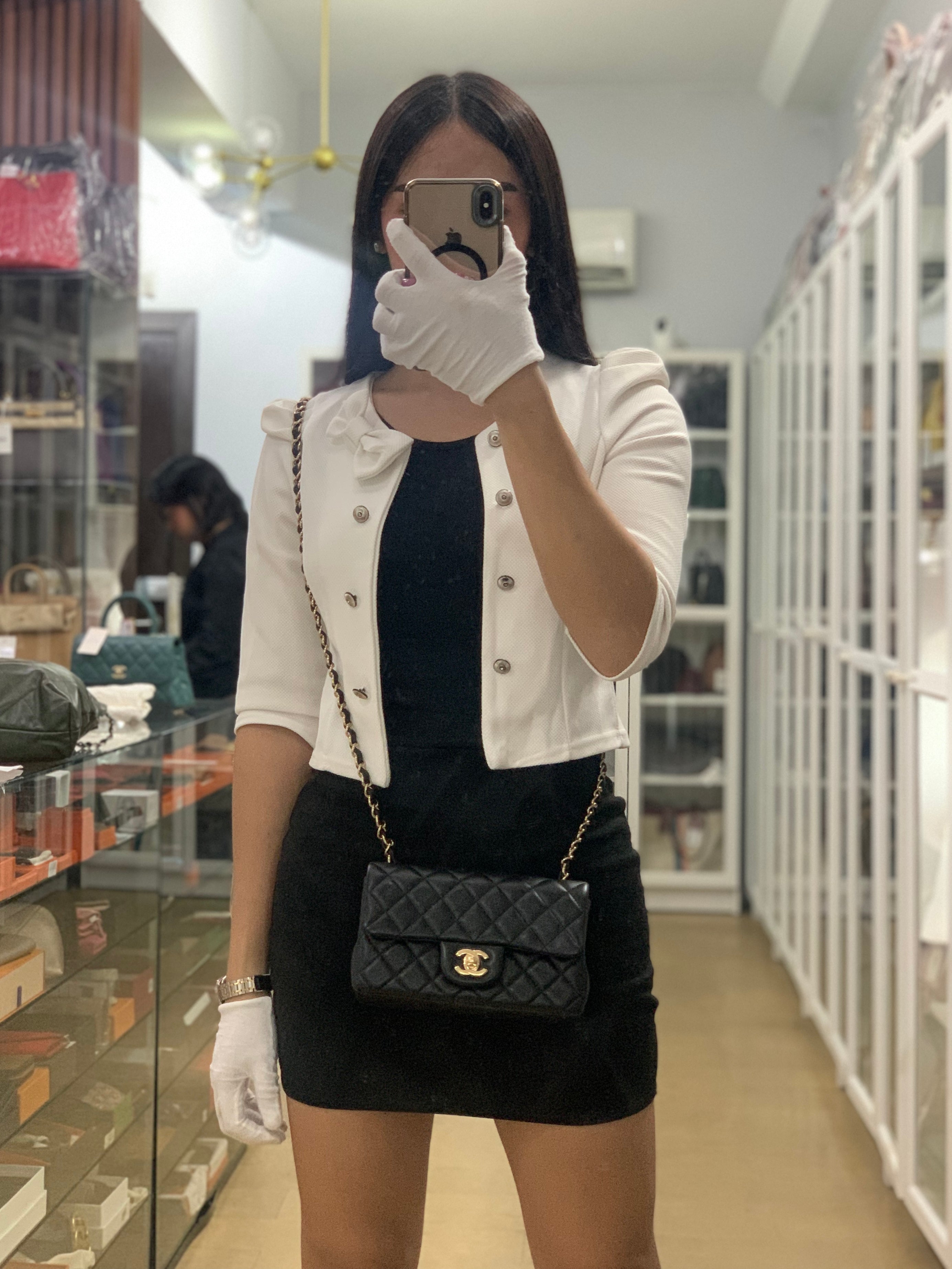 Mini Rectangle Black Lambskin Leather and Light Gold Hardware (Microchip) | Purse Maison Luxury Bags Shop