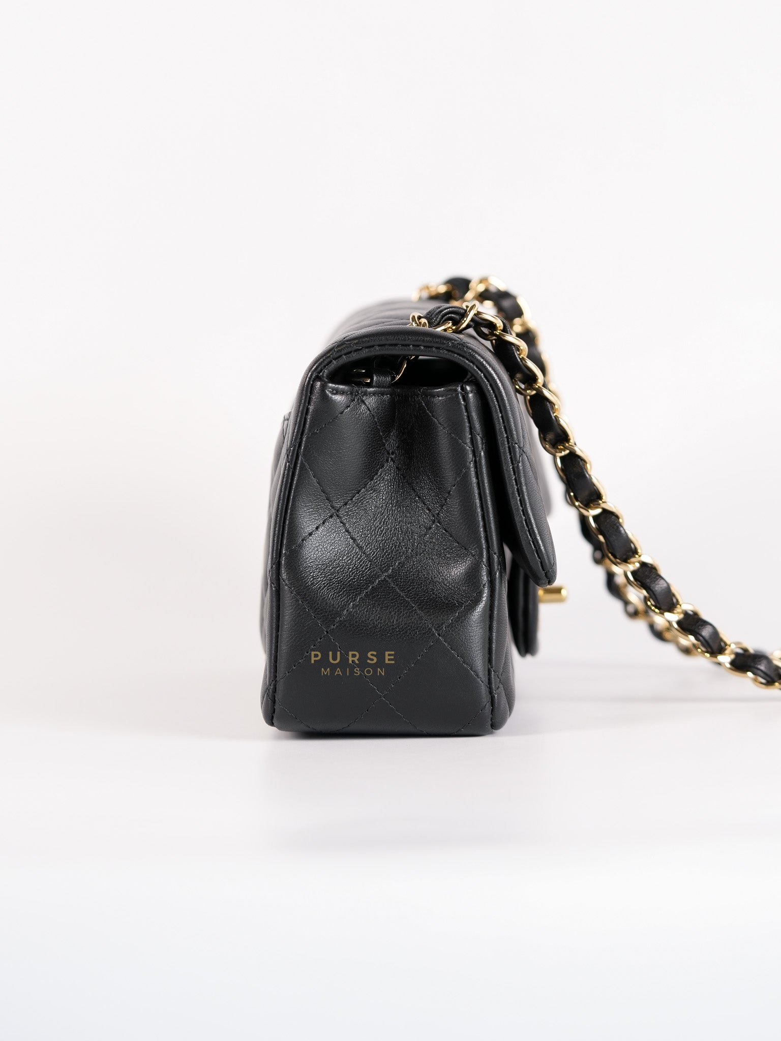 Mini Rectangle Black Lambskin Leather and Light Gold Hardware (Microchip) | Purse Maison Luxury Bags Shop