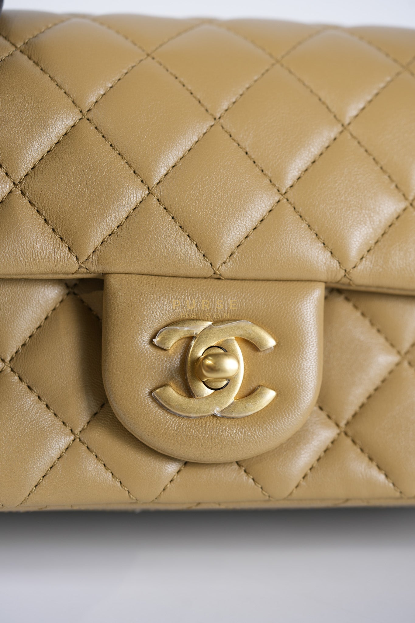 Mini Rectangle Flap Bag in Pearl Crush Beige Fonce Lambskin Leather & Gold Hardware Microchip | Purse Maison Luxury Bags Shop