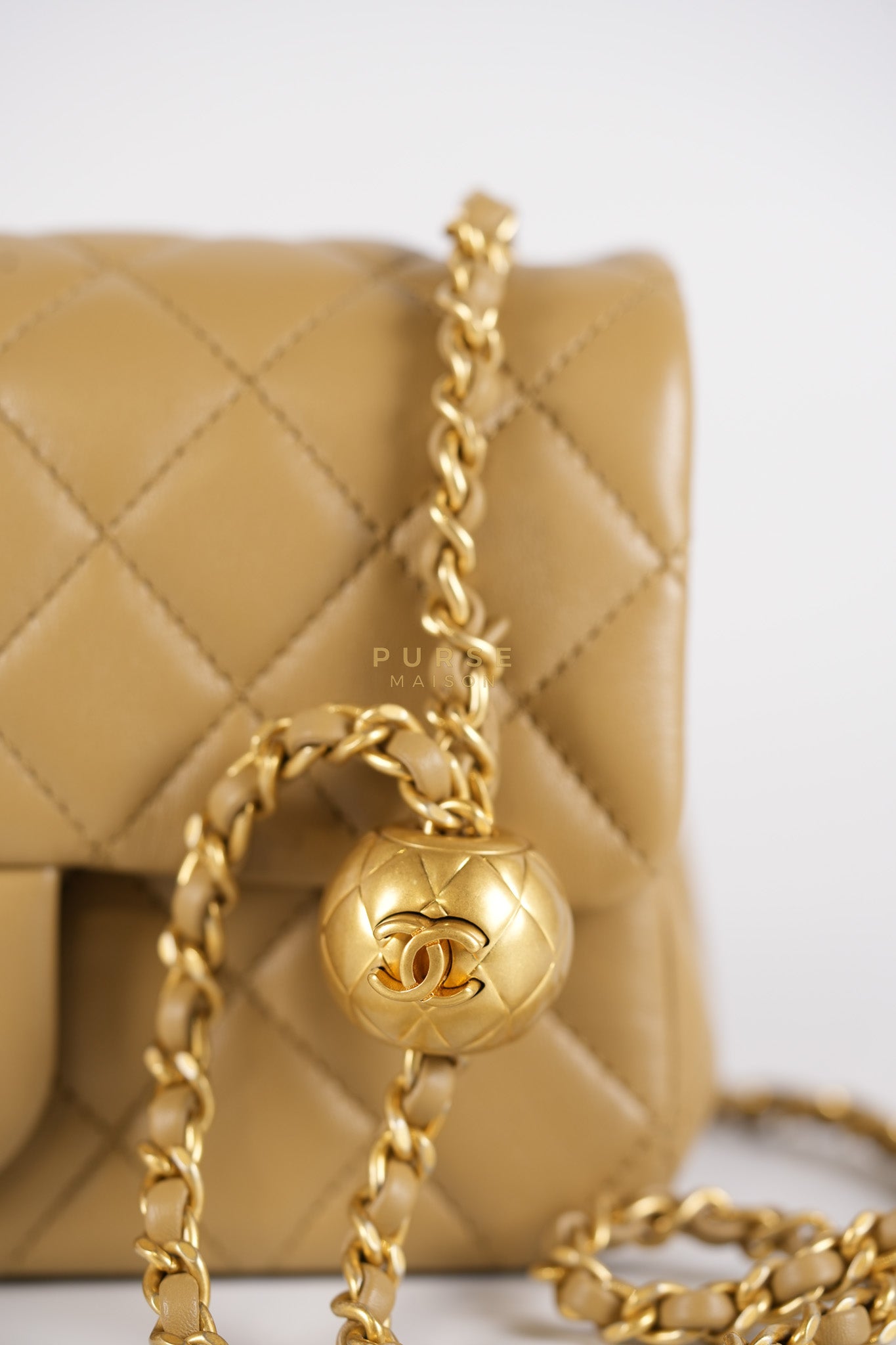 Mini Rectangle Flap Bag in Pearl Crush Beige Fonce Lambskin Leather & Gold Hardware Microchip | Purse Maison Luxury Bags Shop