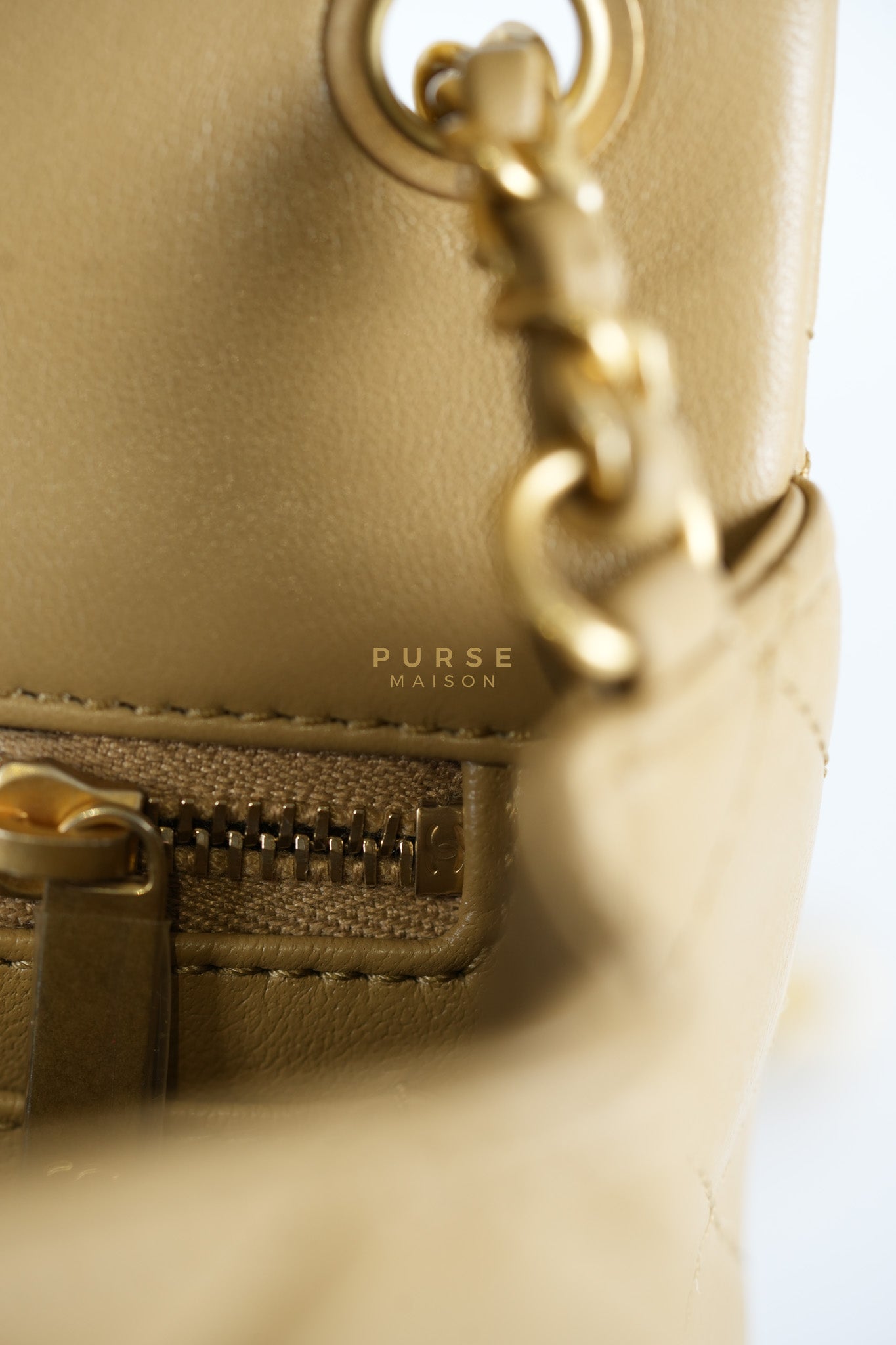 Mini Rectangle Flap Bag in Pearl Crush Beige Fonce Lambskin Leather & Gold Hardware Microchip | Purse Maison Luxury Bags Shop