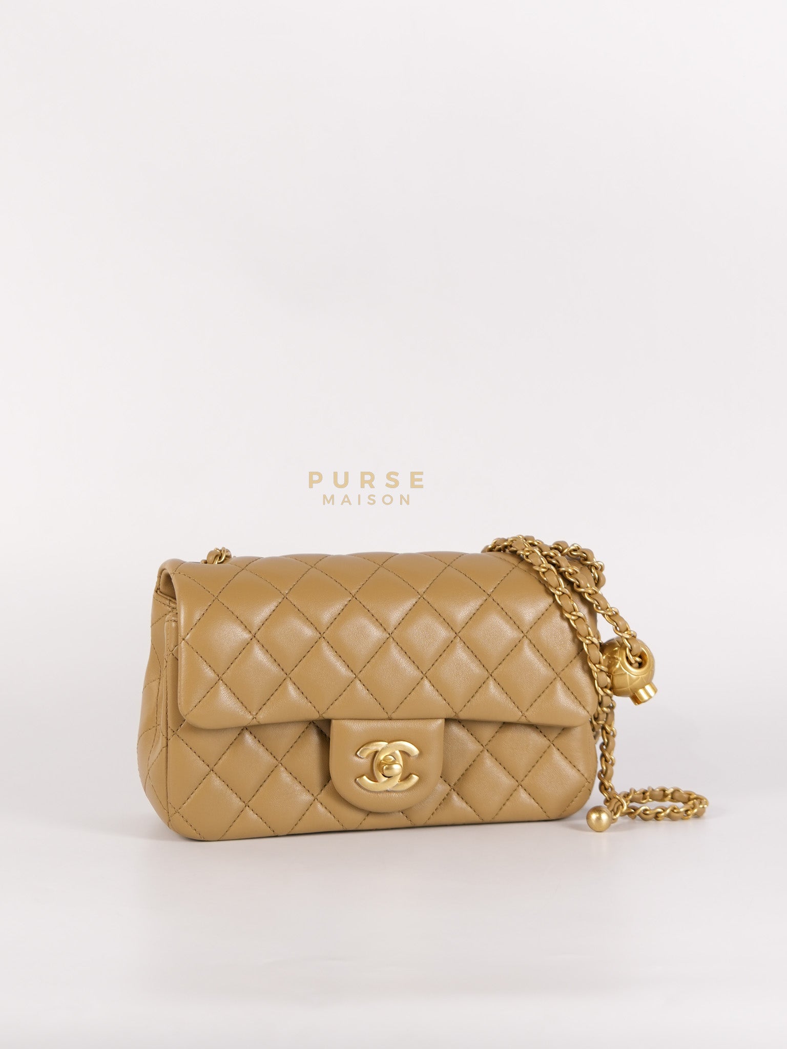 Mini Rectangle Flap Bag in Pearl Crush Beige Fonce Lambskin Leather & Gold Hardware Microchip | Purse Maison Luxury Bags Shop