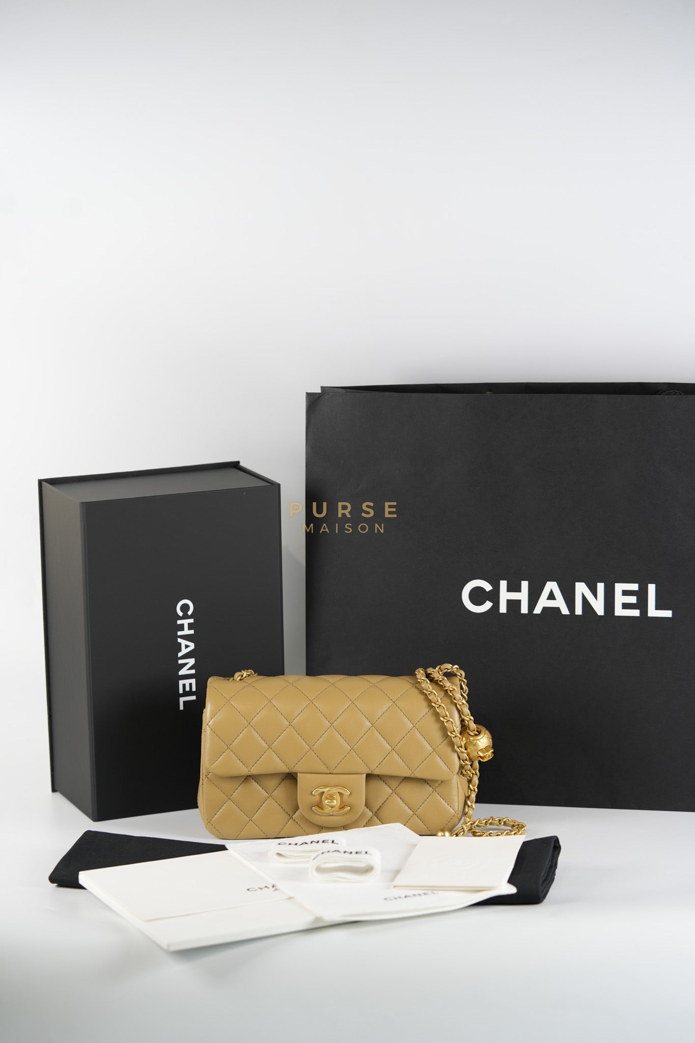 Mini Rectangle Flap Bag in Pearl Crush Beige Fonce Lambskin Leather & Gold Hardware Microchip | Purse Maison Luxury Bags Shop