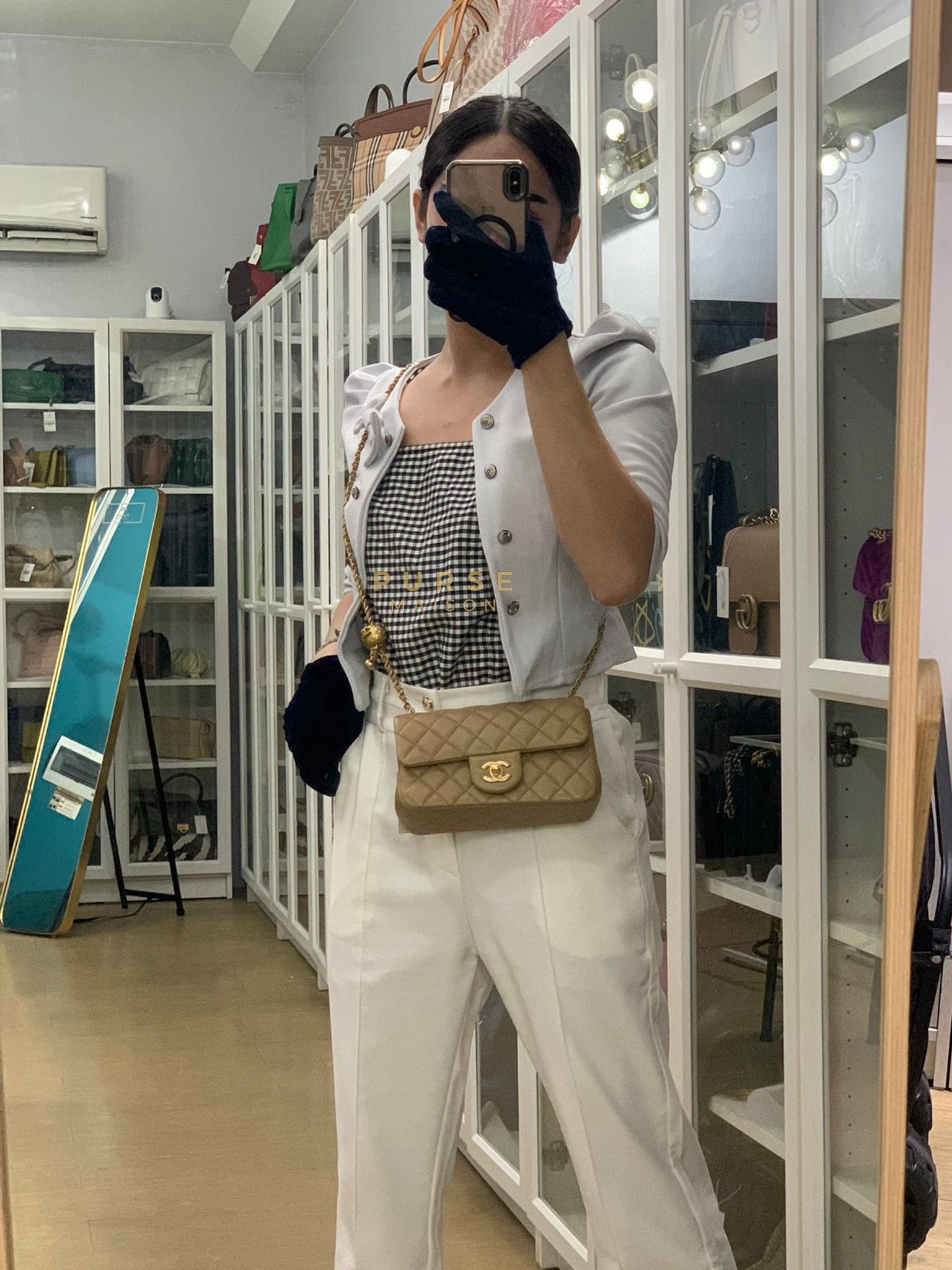 Mini Rectangle Flap Bag in Pearl Crush Beige Fonce Lambskin Leather & Gold Hardware Microchip | Purse Maison Luxury Bags Shop