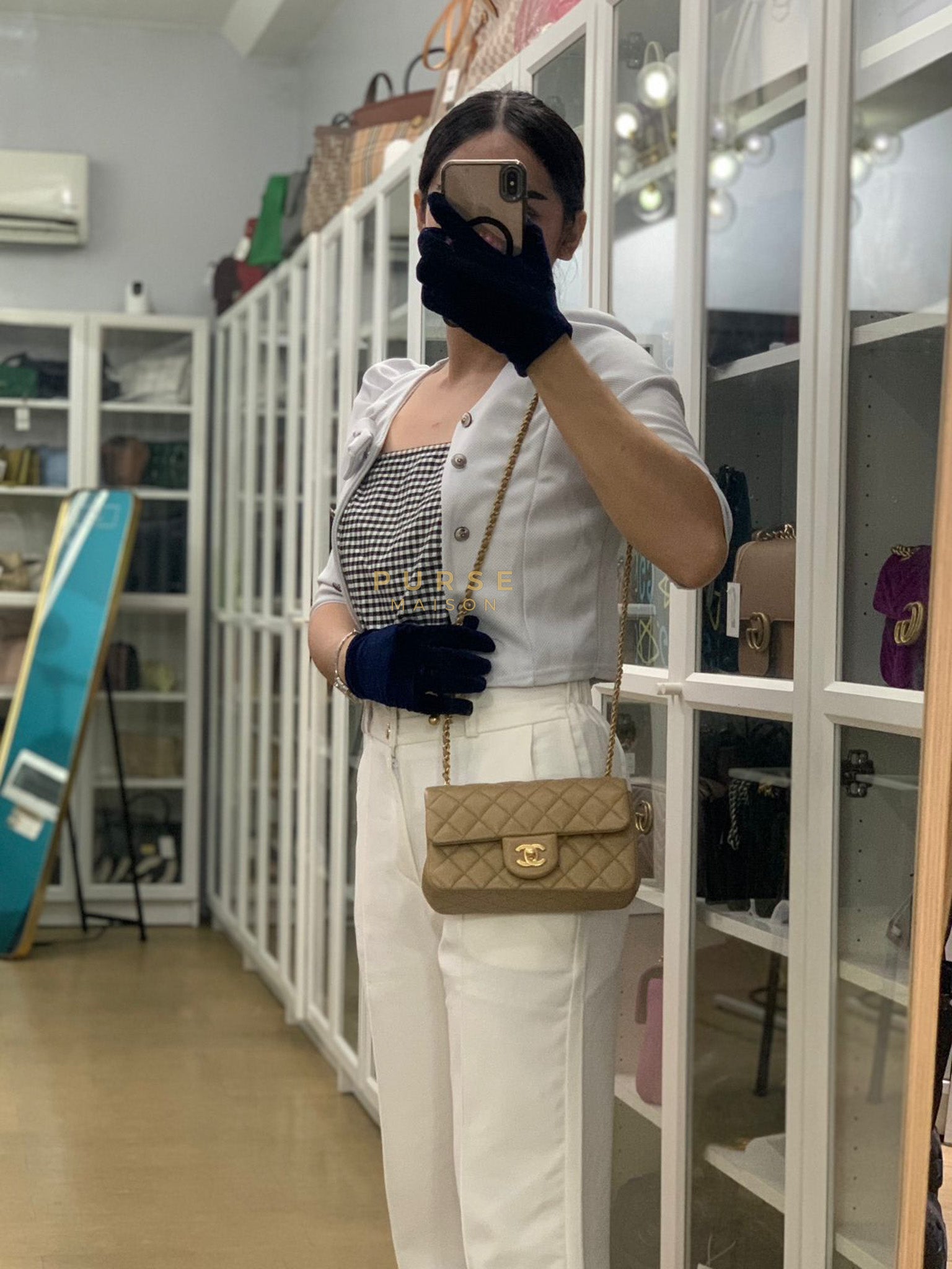 Mini Rectangle Flap Bag in Pearl Crush Beige Fonce Lambskin Leather & Gold Hardware Microchip | Purse Maison Luxury Bags Shop