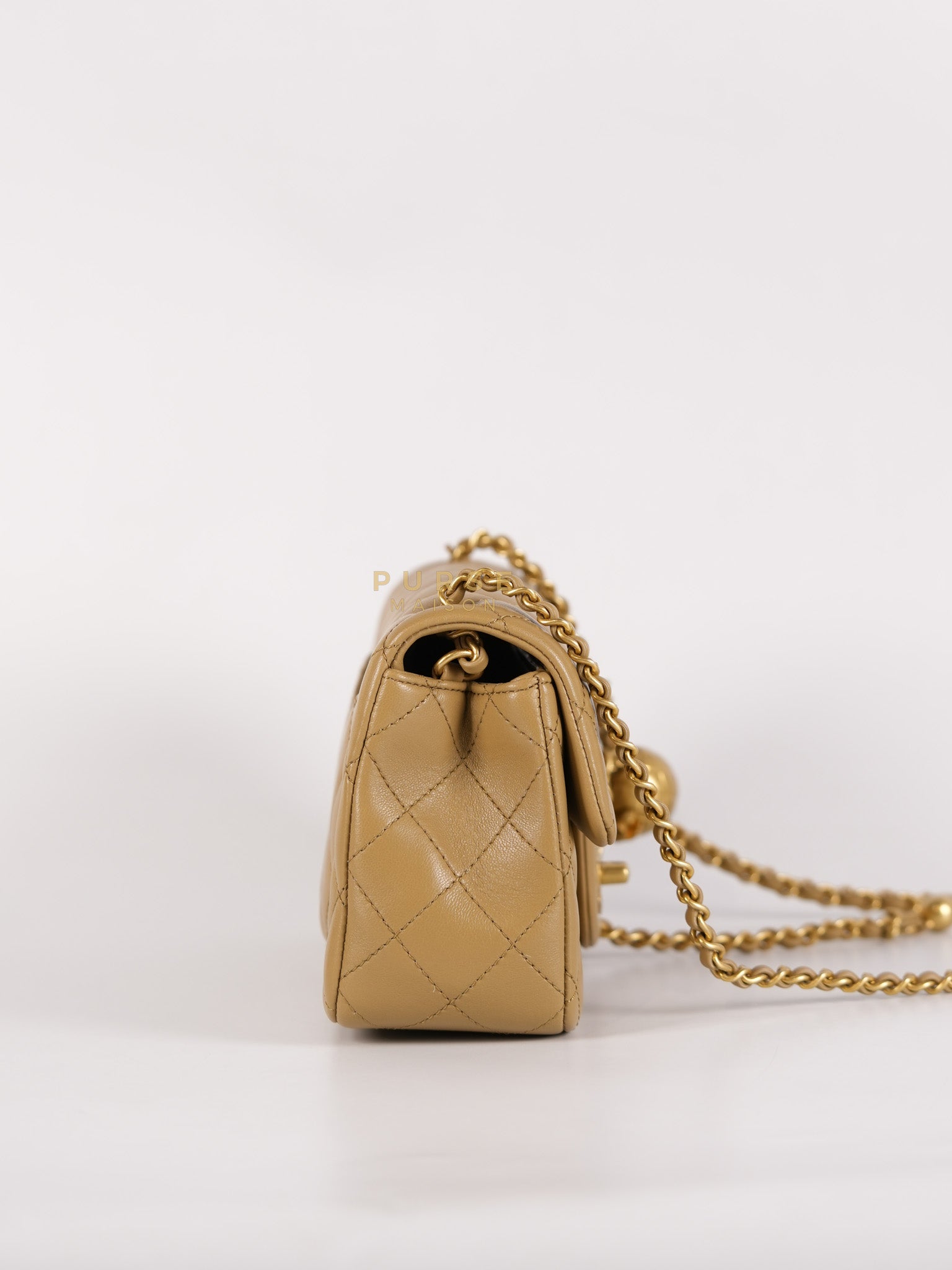 Mini Rectangle Flap Bag in Pearl Crush Beige Fonce Lambskin Leather & Gold Hardware Microchip | Purse Maison Luxury Bags Shop