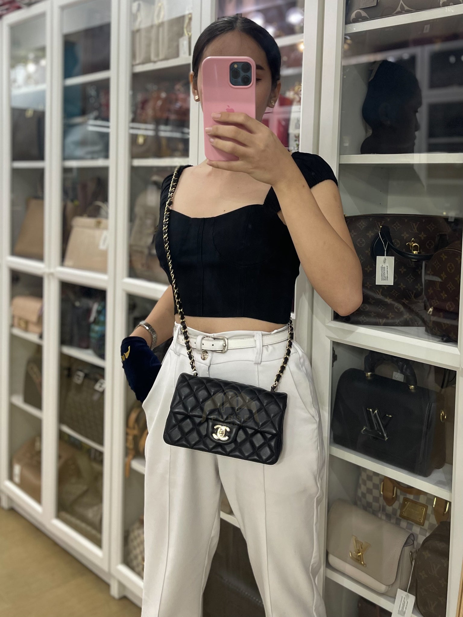 Mini Rectangle in Black Lambskin Leather and Light Gold Hardware (Microchip) | Purse Maison Luxury Bags Shop