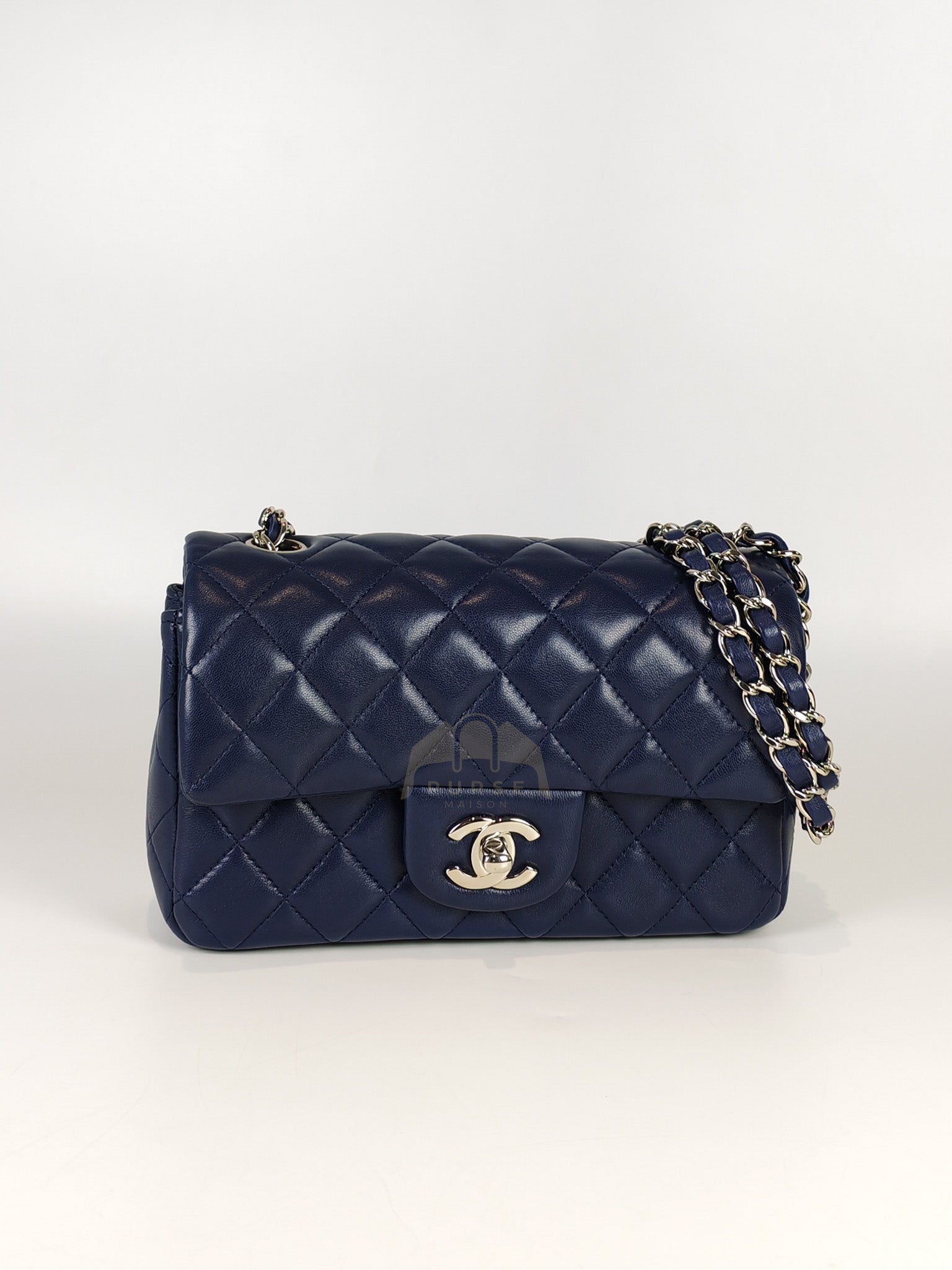 Mini Rectangle in Blue Lambskin Leather and Silver Hardware Series 28 | Purse Maison Luxury Bags Shop