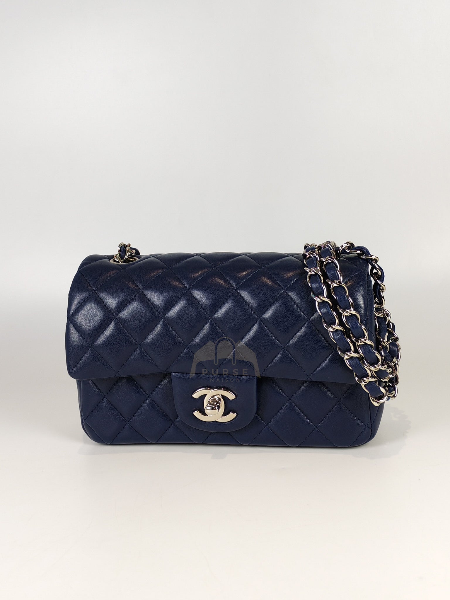 Mini Rectangle in Blue Lambskin Leather and Silver Hardware Series 28 | Purse Maison Luxury Bags Shop