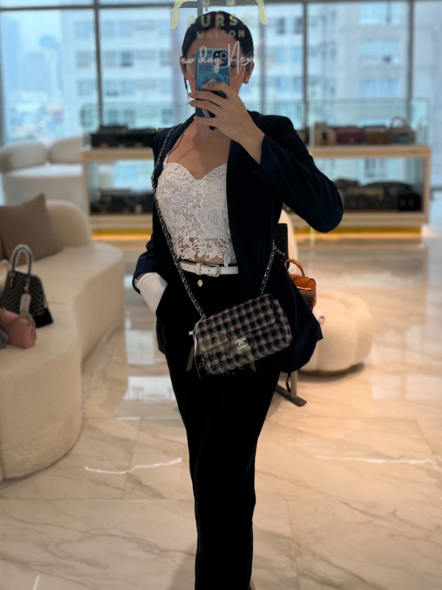 Mini Rectangle in Multicolor Wool Tweed Flap Crossbody Bag Silver Hardware (Microchip) | Purse Maison Luxury Bags Shop