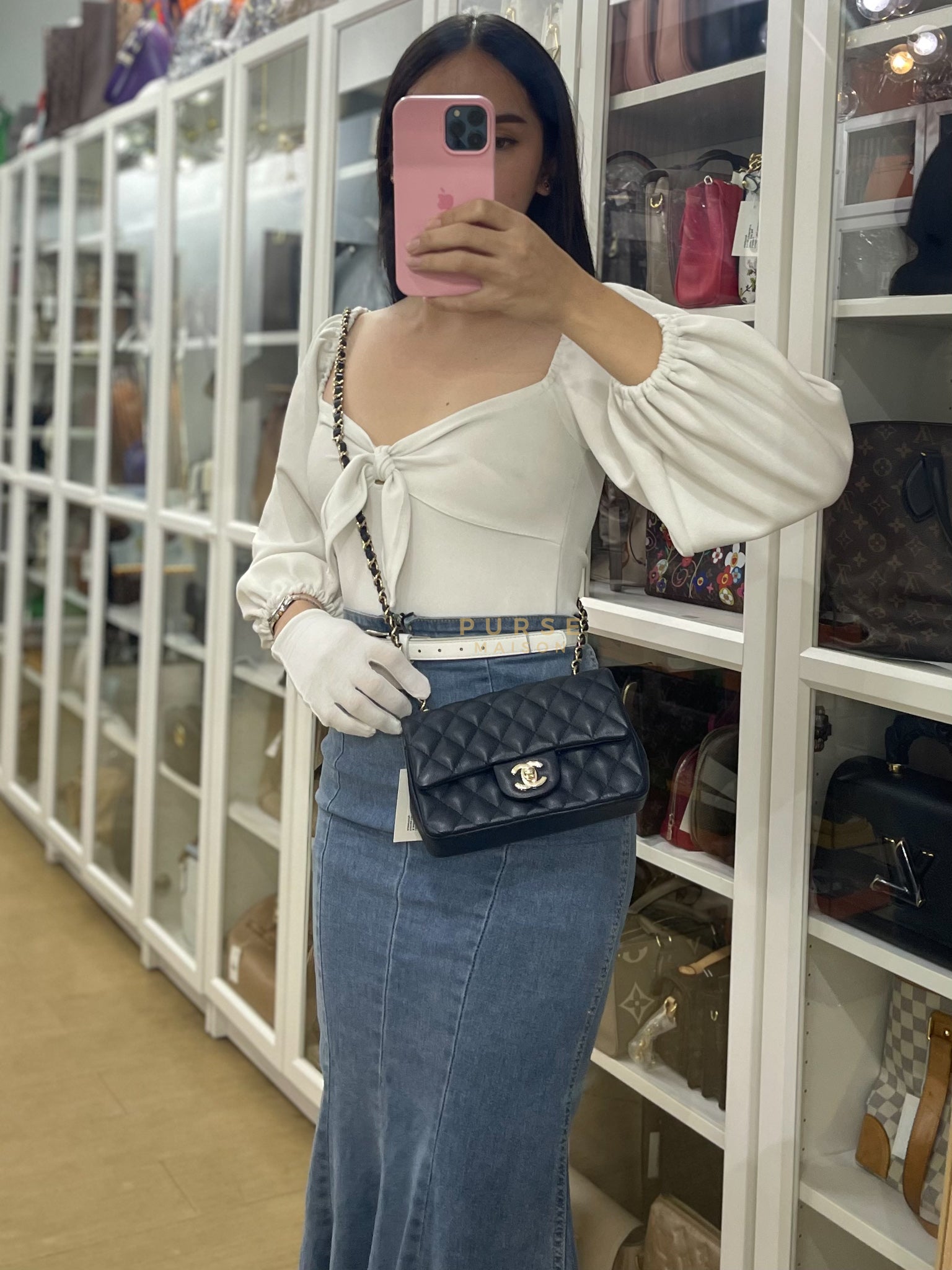 Mini Rectangular in Navy Blue Caviar Leather & Light Gold Hardware Series 26 | Purse Maison Luxury Bags Shop