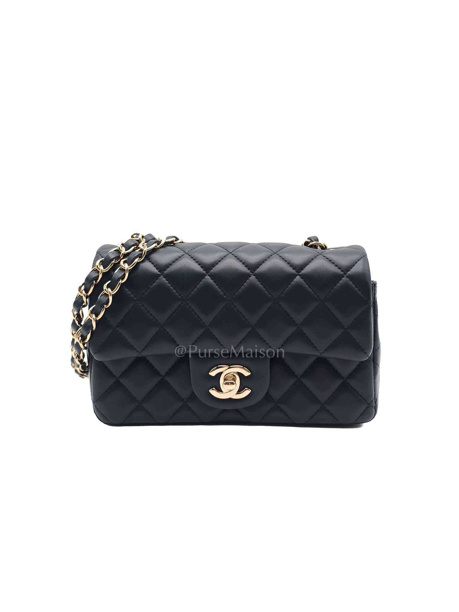 Mini Rectangle in Navy Blue Lambskin Leather and Light Gold Hardware Series 29 | Purse Maison Luxury Bags Shop