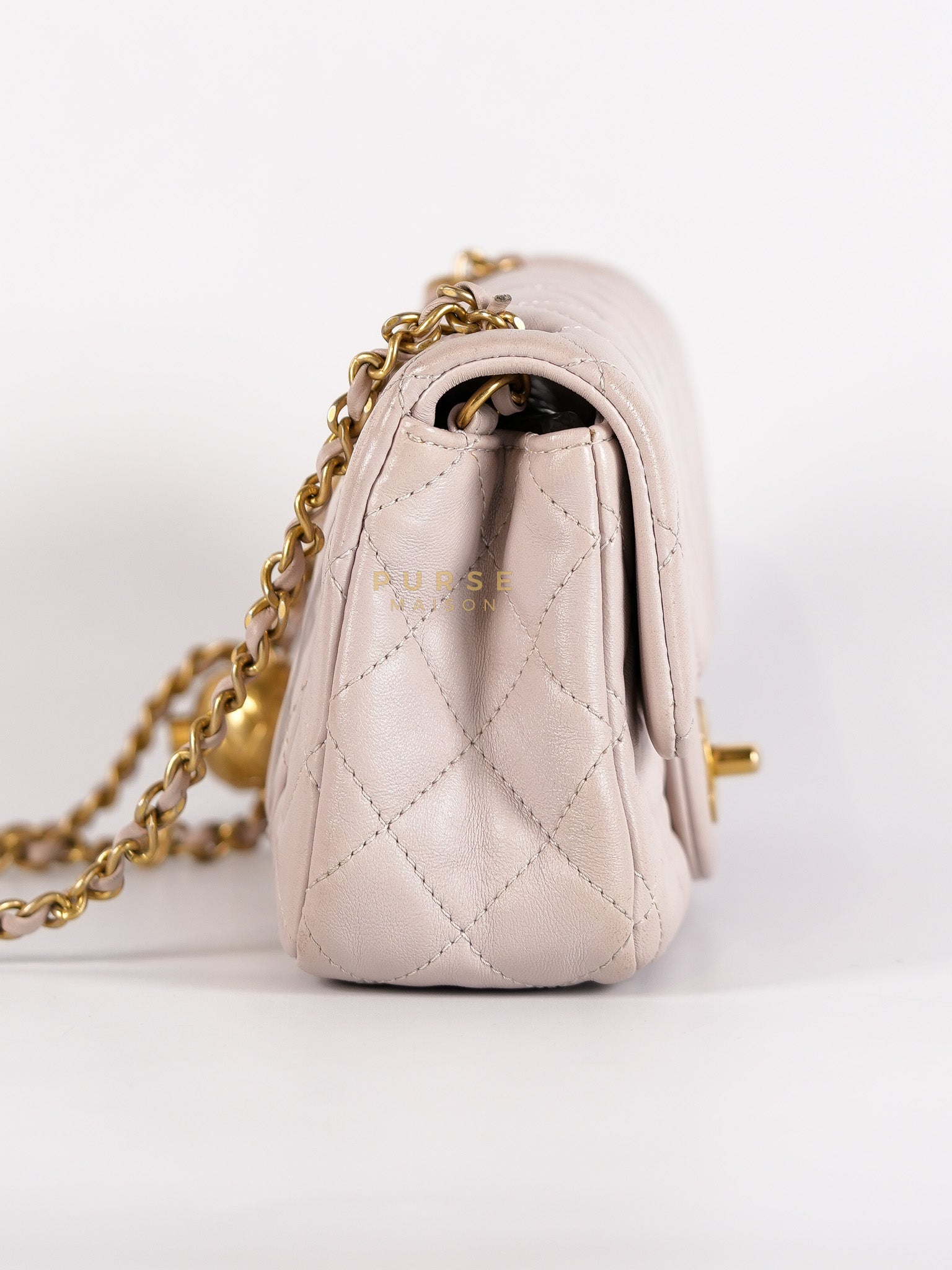 Mini Rectangle Pearl Crush in Light Purplish Gray Lambskin Leather and Aged Gold Hardware (Microchip) | Purse Maison Luxury Bags Shop