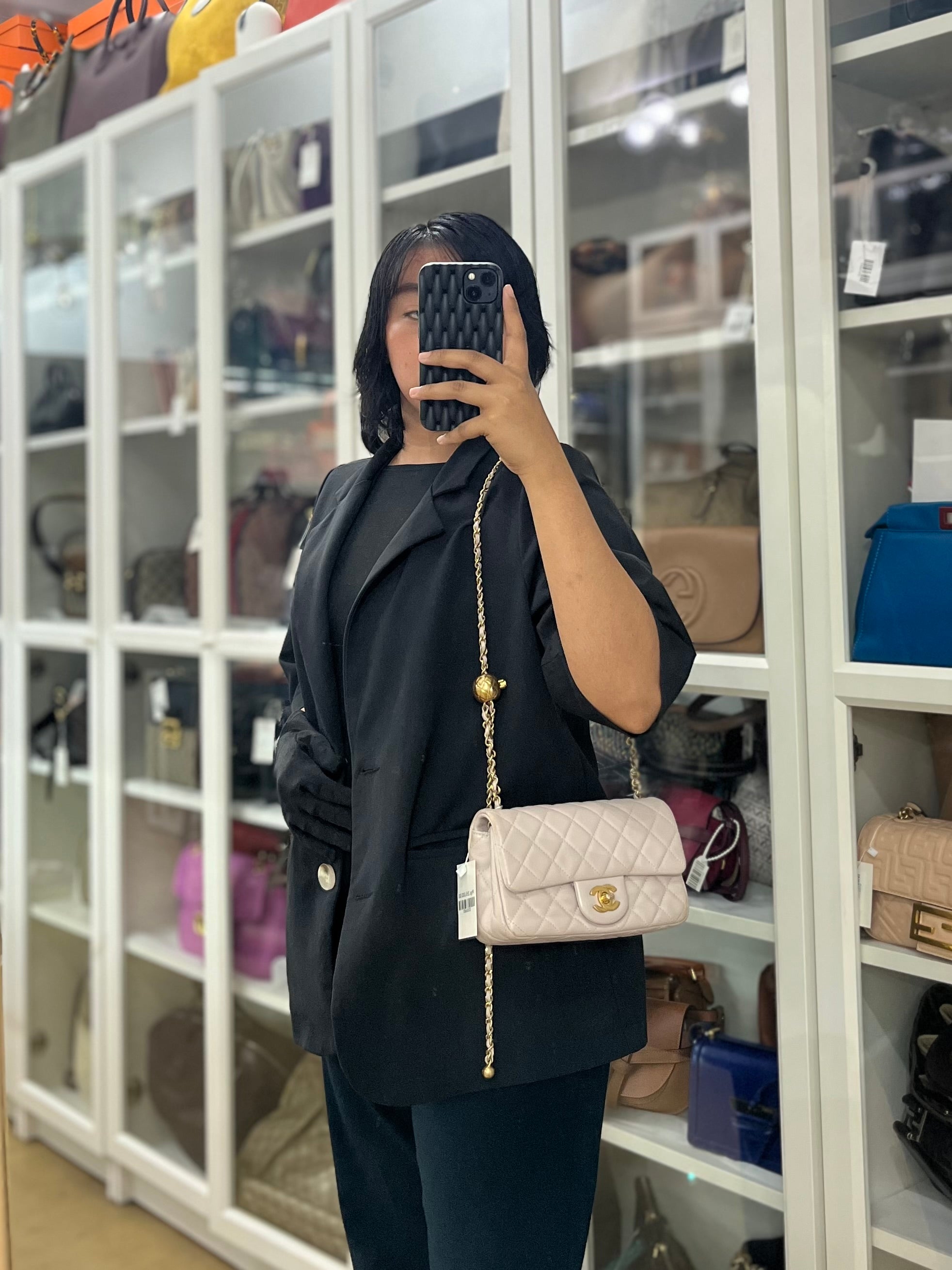 Mini Rectangle Pearl Crush in Light Purplish Gray Lambskin Leather and Aged Gold Hardware (Microchip) | Purse Maison Luxury Bags Shop