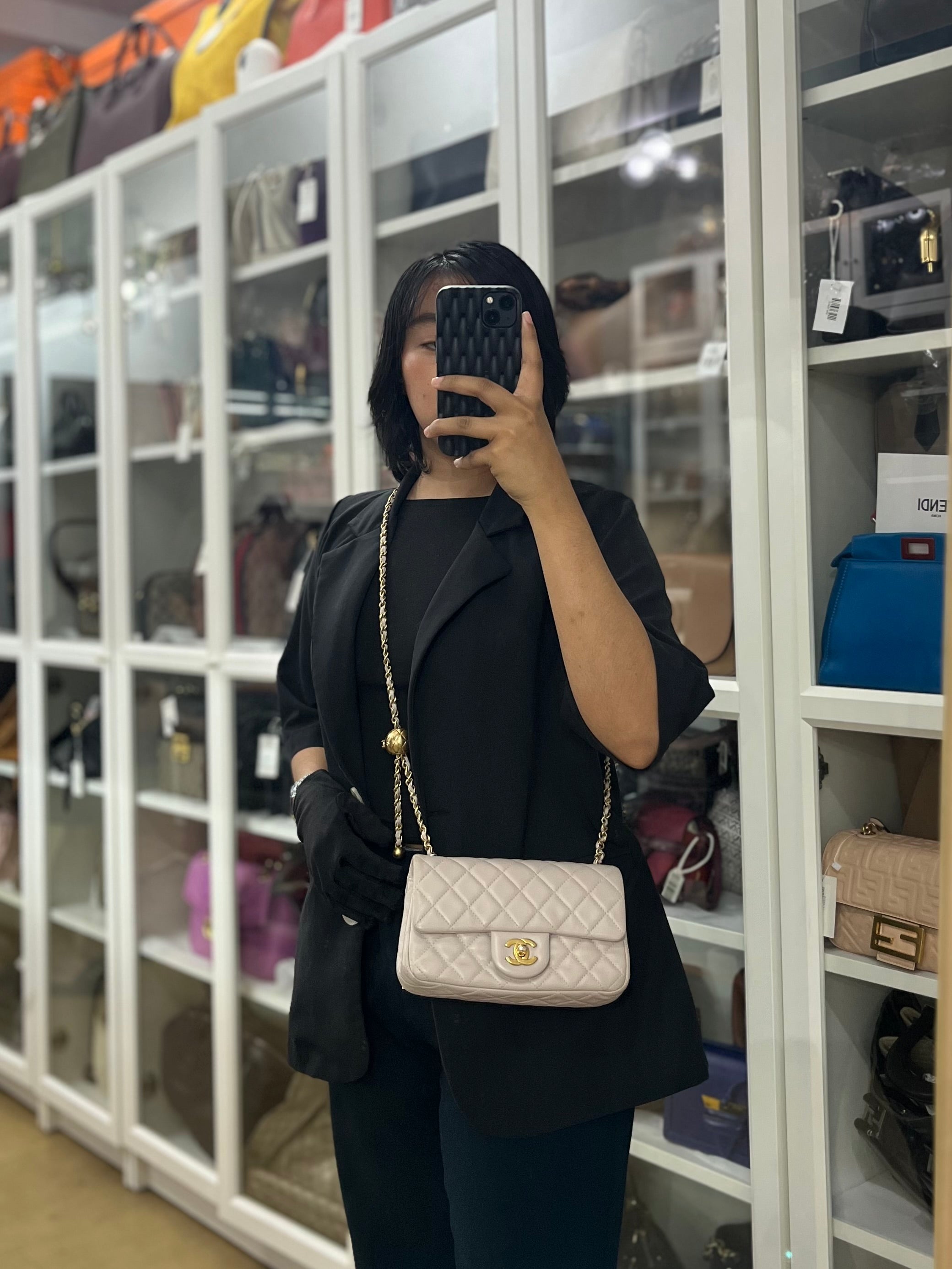 Mini Rectangle Pearl Crush in Light Purplish Gray Lambskin Leather and Aged Gold Hardware (Microchip) | Purse Maison Luxury Bags Shop