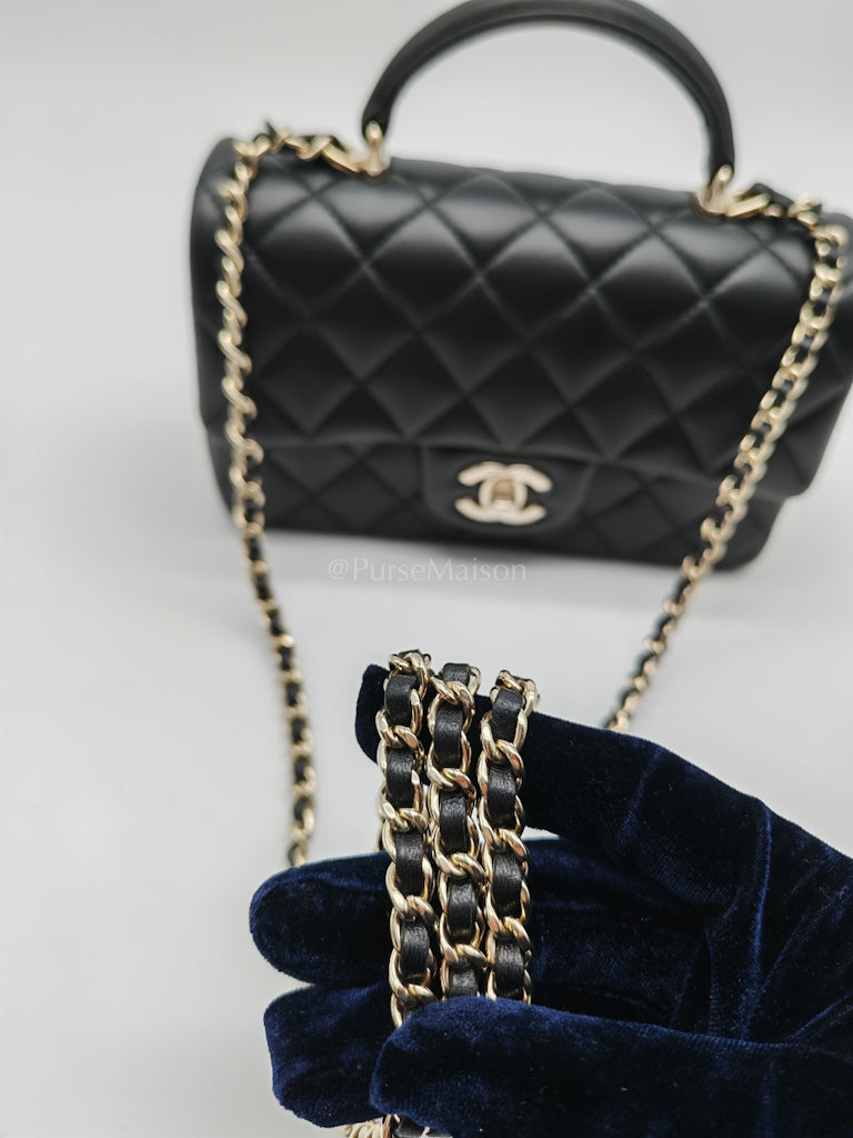 Mini Rectangle Top Handle Bag in Black Lambskin Leather & Light Gold Hardware Microchip LTE6HGJ6 | Purse Maison Luxury Bags Shop