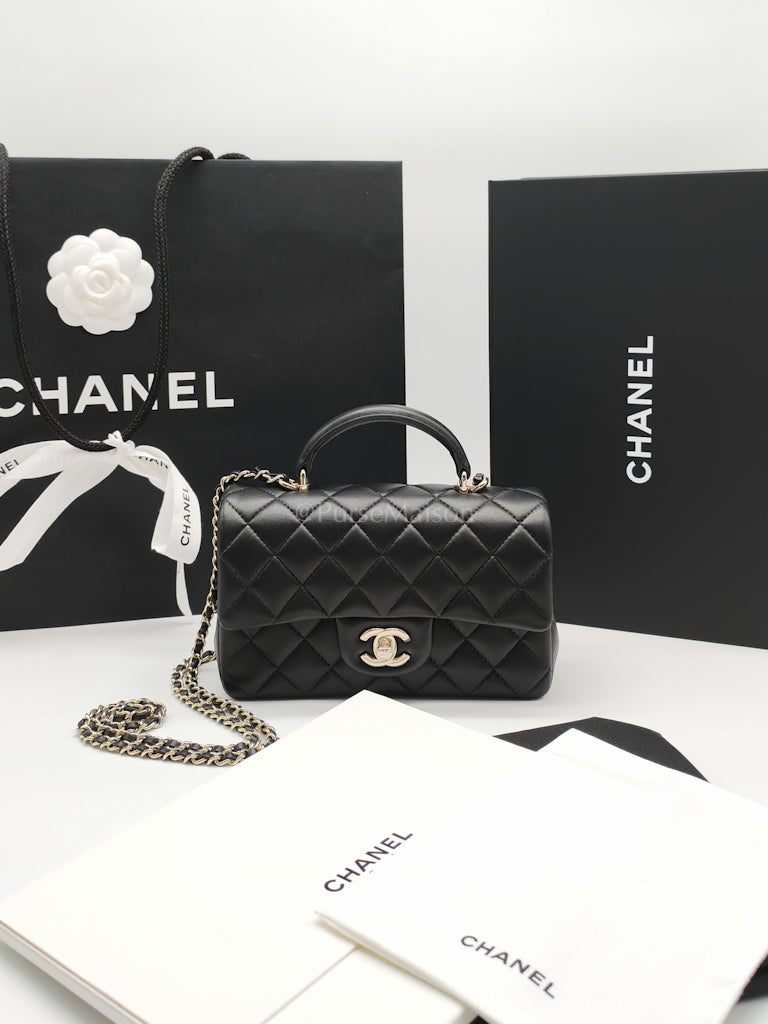 Mini Rectangle Top Handle Bag in Black Lambskin Leather & Light Gold Hardware Microchip LTE6HGJ6 | Purse Maison Luxury Bags Shop