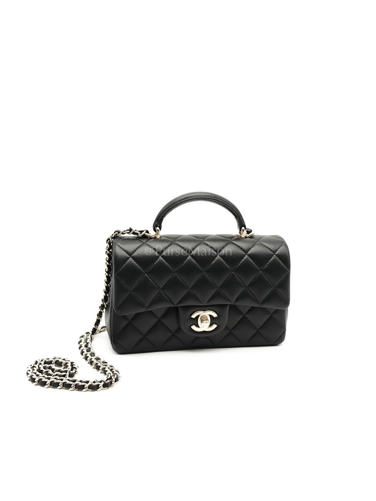 Mini Rectangle Top Handle Bag in Black Lambskin Leather & Light Gold Hardware Microchip LTE6HGJ6 | Purse Maison Luxury Bags Shop