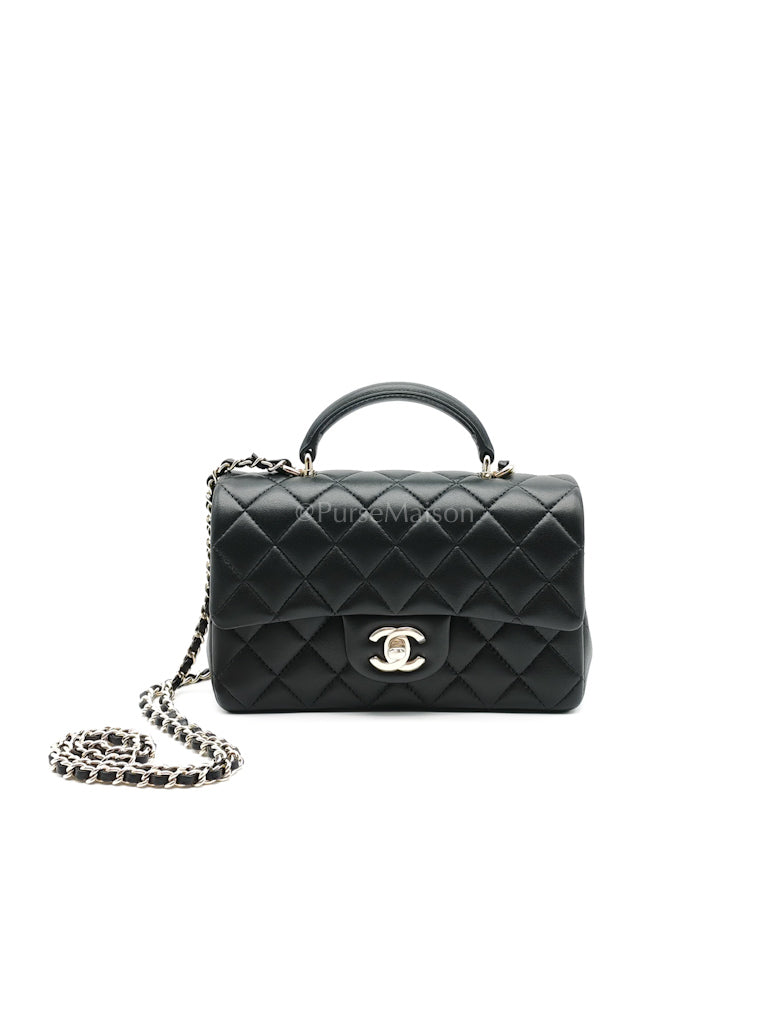 Mini Rectangle Top Handle Bag in Black Lambskin Leather & Light Gold Hardware Microchip LTE6HGJ6 | Purse Maison Luxury Bags Shop