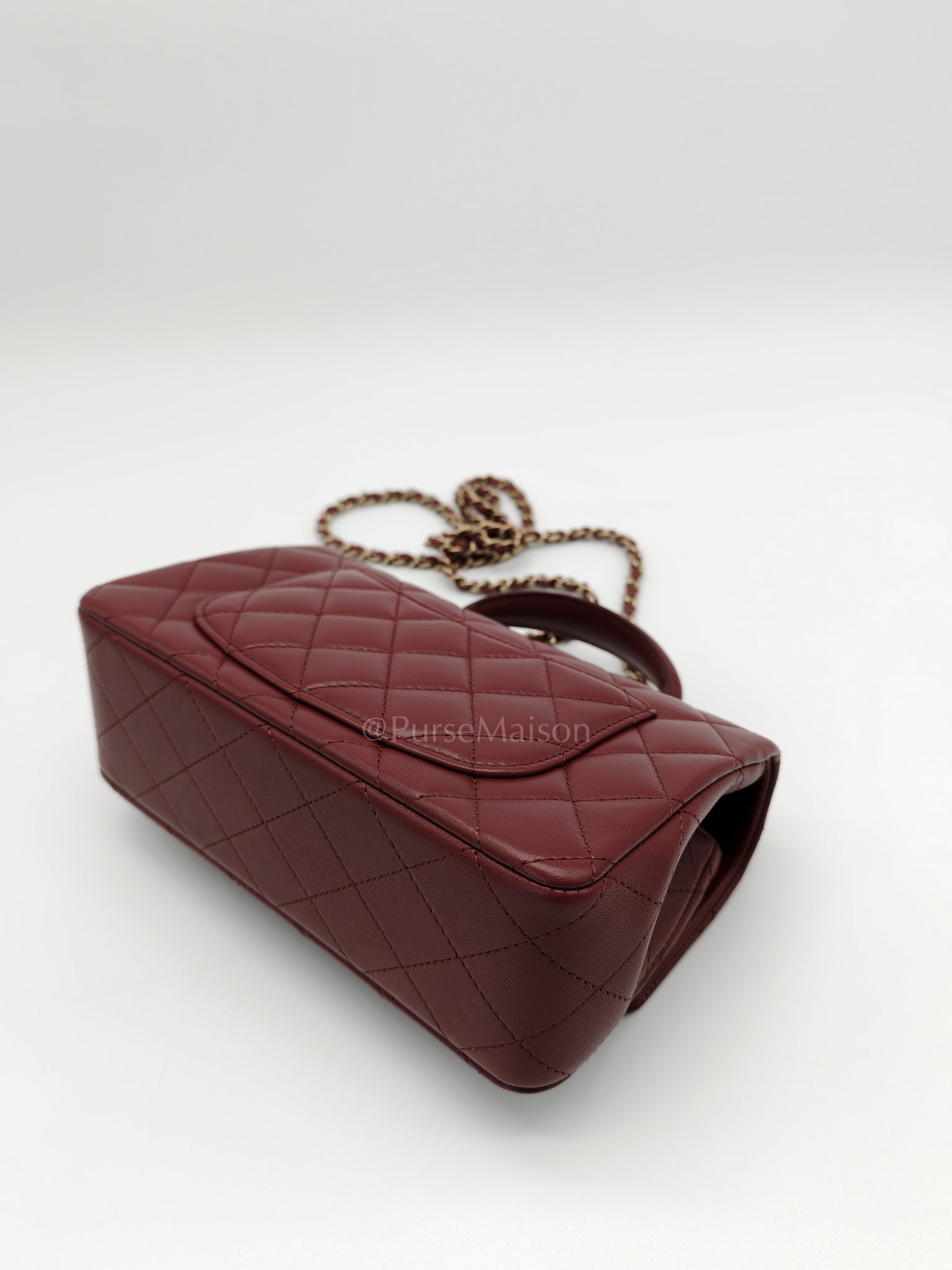Mini Rectangle Top Handle in Burgundy Quilted Lambskin Leather and Light Gold Hardware (Microchip) | Purse Maison Luxury Bags Shop