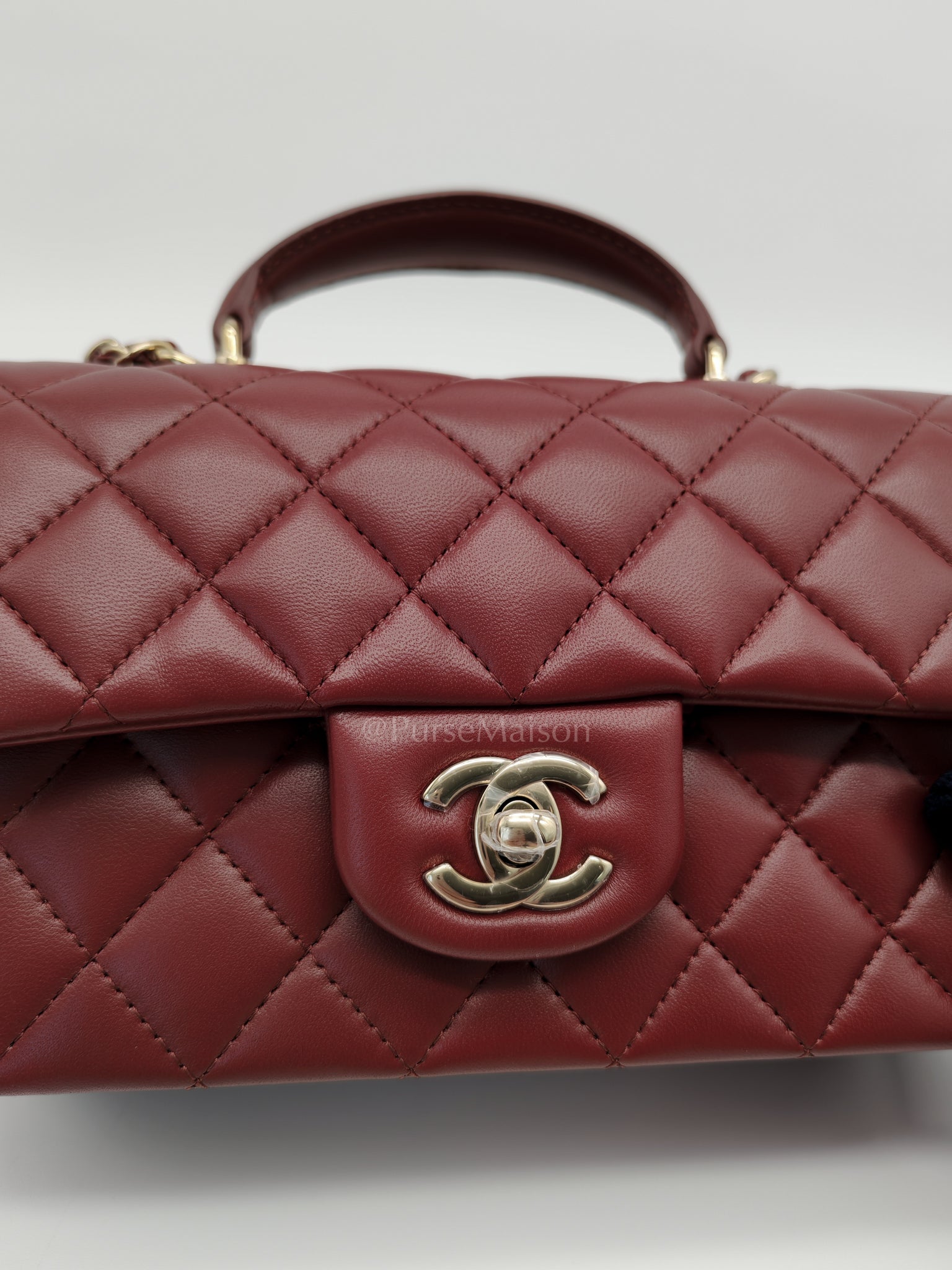 Mini Rectangle Top Handle in Burgundy Quilted Lambskin Leather and Light Gold Hardware (Microchip) | Purse Maison Luxury Bags Shop
