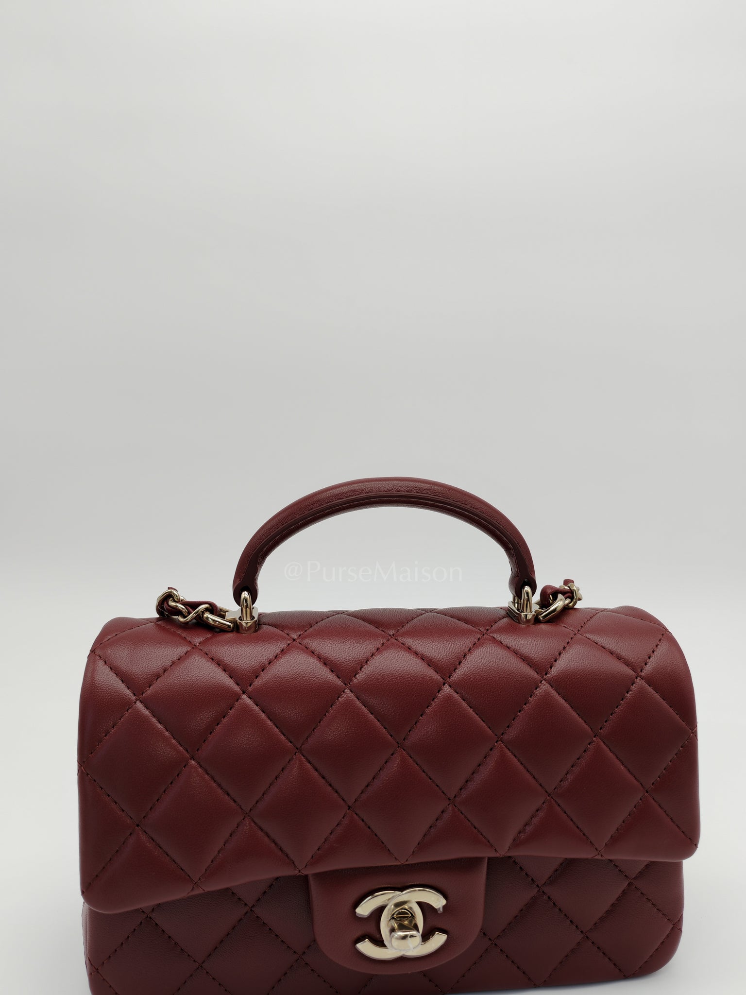 Mini Rectangle Top Handle in Burgundy Quilted Lambskin Leather and Light Gold Hardware (Microchip) | Purse Maison Luxury Bags Shop