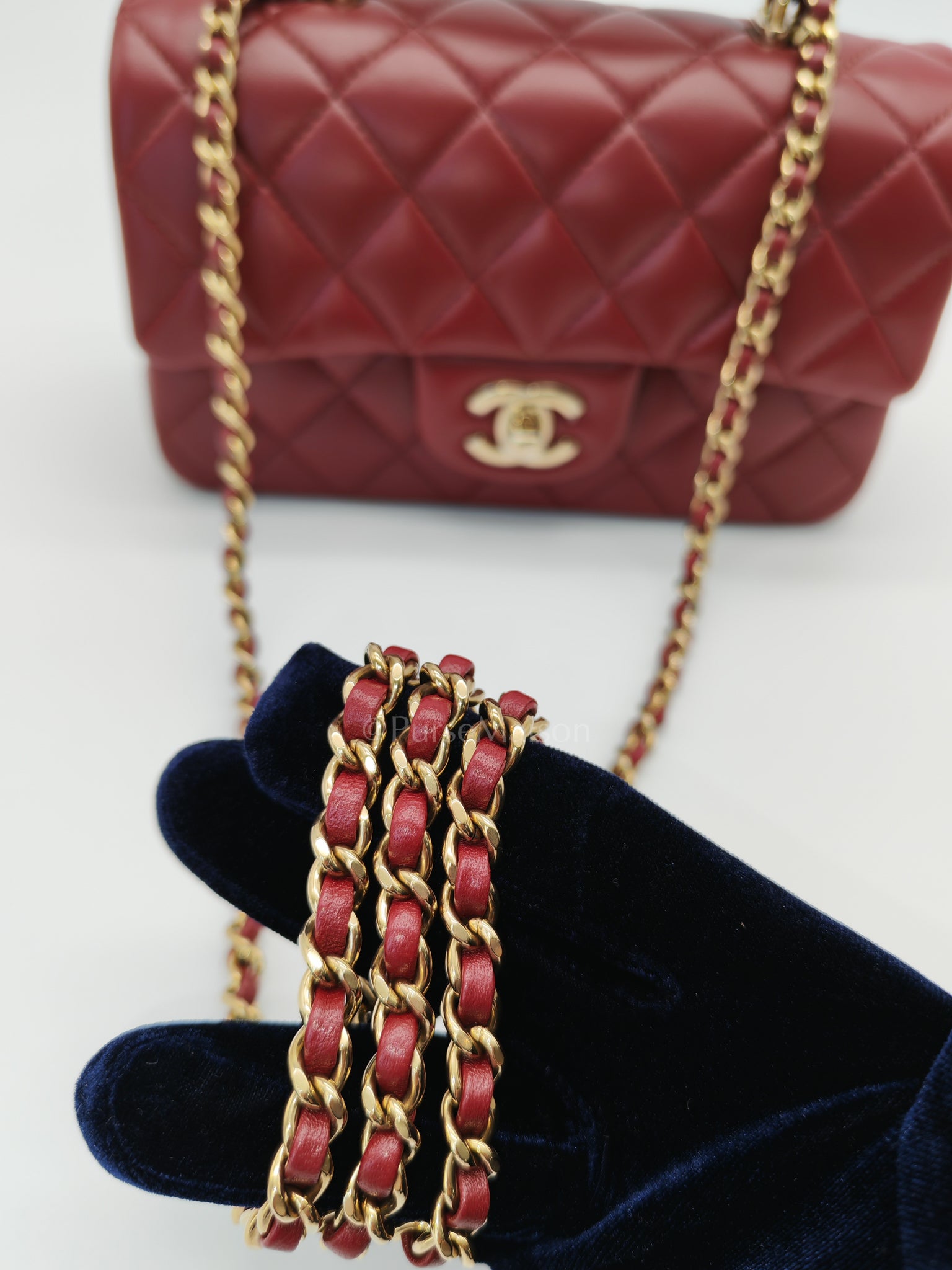 Mini Rectangle Top Handle in Burgundy Quilted Lambskin Leather and Light Gold Hardware (Microchip) | Purse Maison Luxury Bags Shop