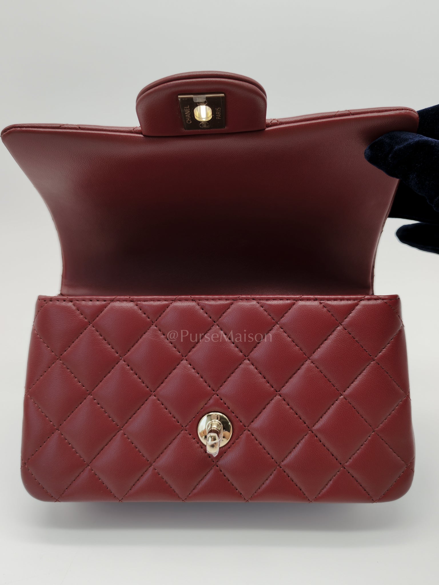 Mini Rectangle Top Handle in Burgundy Quilted Lambskin Leather and Light Gold Hardware (Microchip) | Purse Maison Luxury Bags Shop