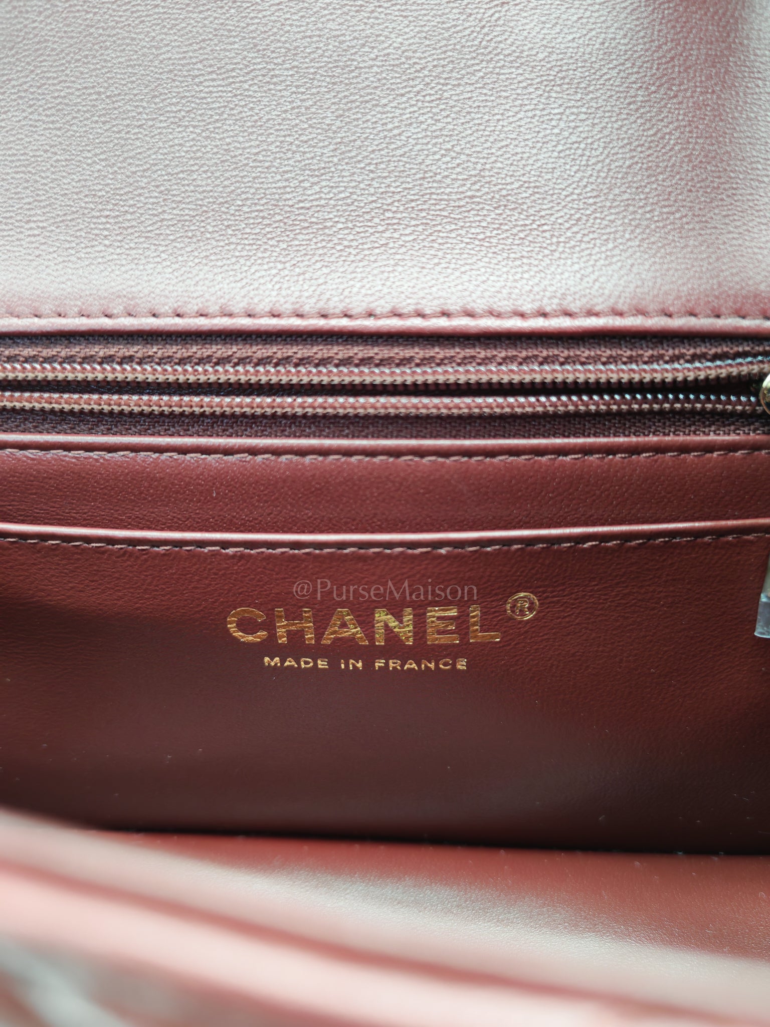 Mini Rectangle Top Handle in Burgundy Quilted Lambskin Leather and Light Gold Hardware (Microchip) | Purse Maison Luxury Bags Shop