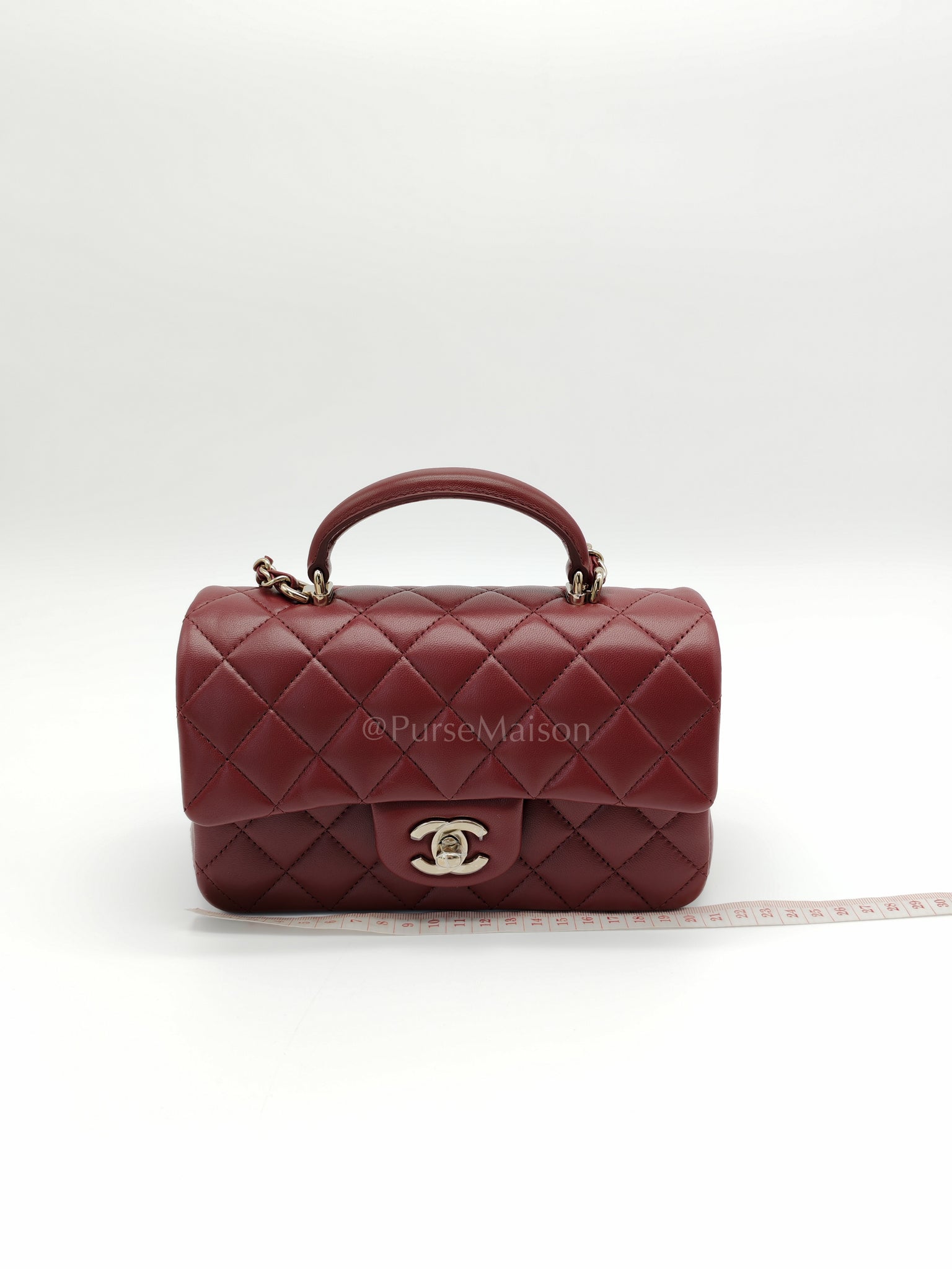 Mini Rectangle Top Handle in Burgundy Quilted Lambskin Leather and Light Gold Hardware (Microchip) | Purse Maison Luxury Bags Shop