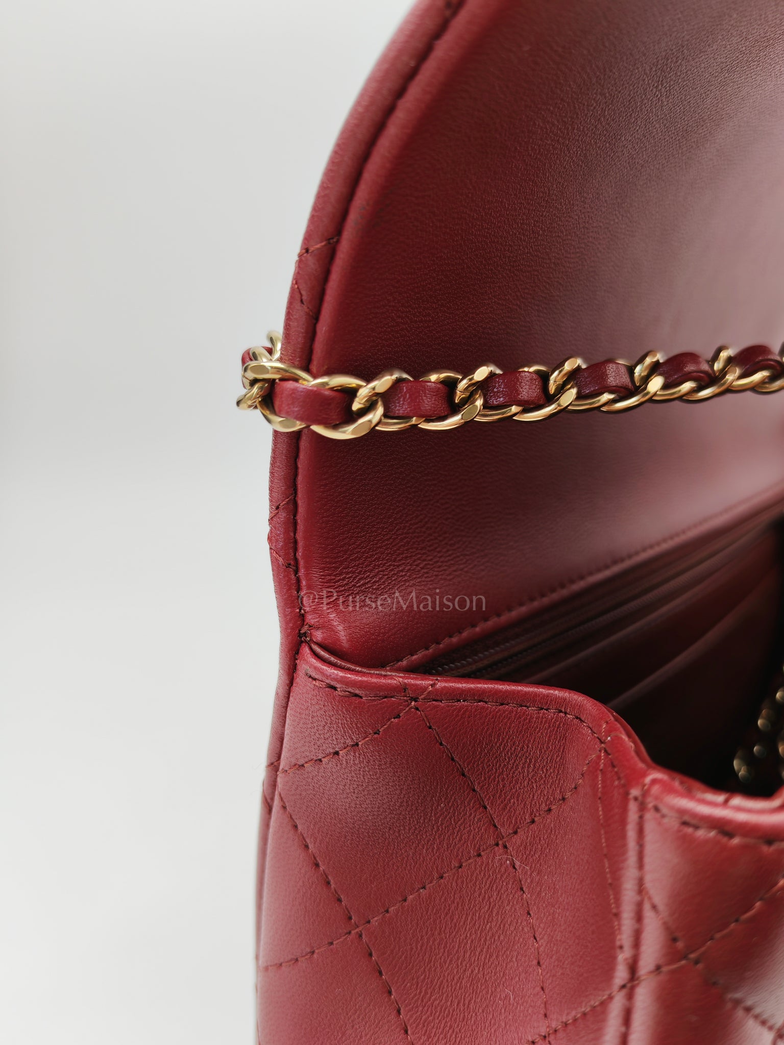 Mini Rectangle Top Handle in Burgundy Quilted Lambskin Leather and Light Gold Hardware (Microchip) | Purse Maison Luxury Bags Shop