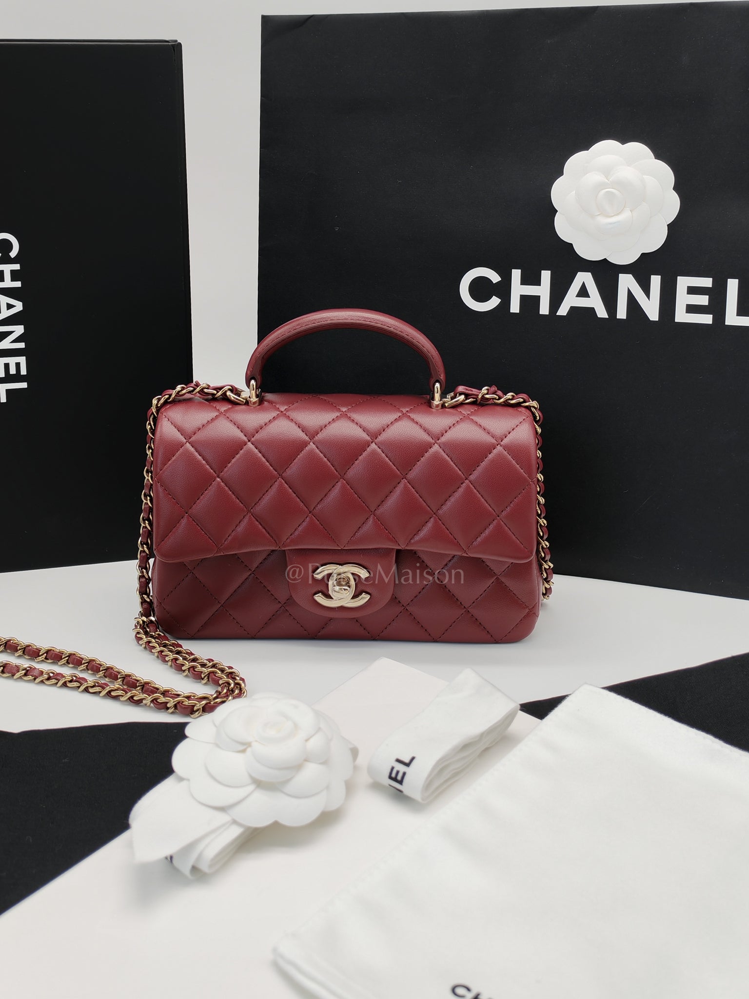 Mini Rectangle Top Handle in Burgundy Quilted Lambskin Leather and Light Gold Hardware (Microchip) | Purse Maison Luxury Bags Shop