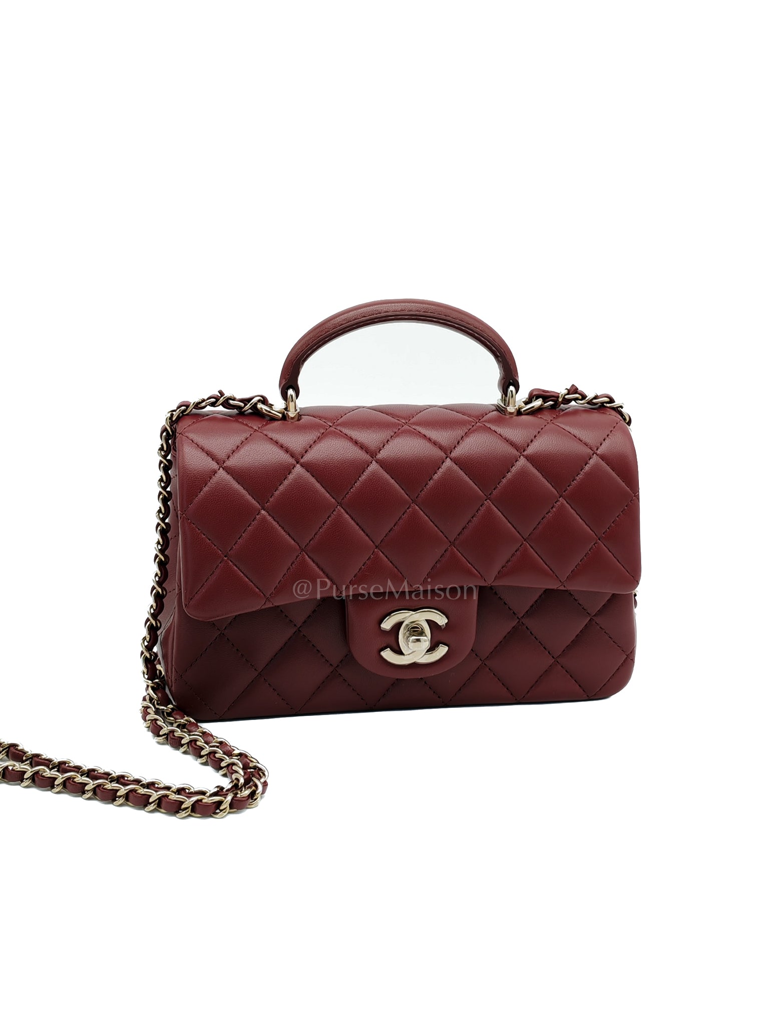 Mini Rectangle Top Handle in Burgundy Quilted Lambskin Leather and Light Gold Hardware (Microchip) | Purse Maison Luxury Bags Shop