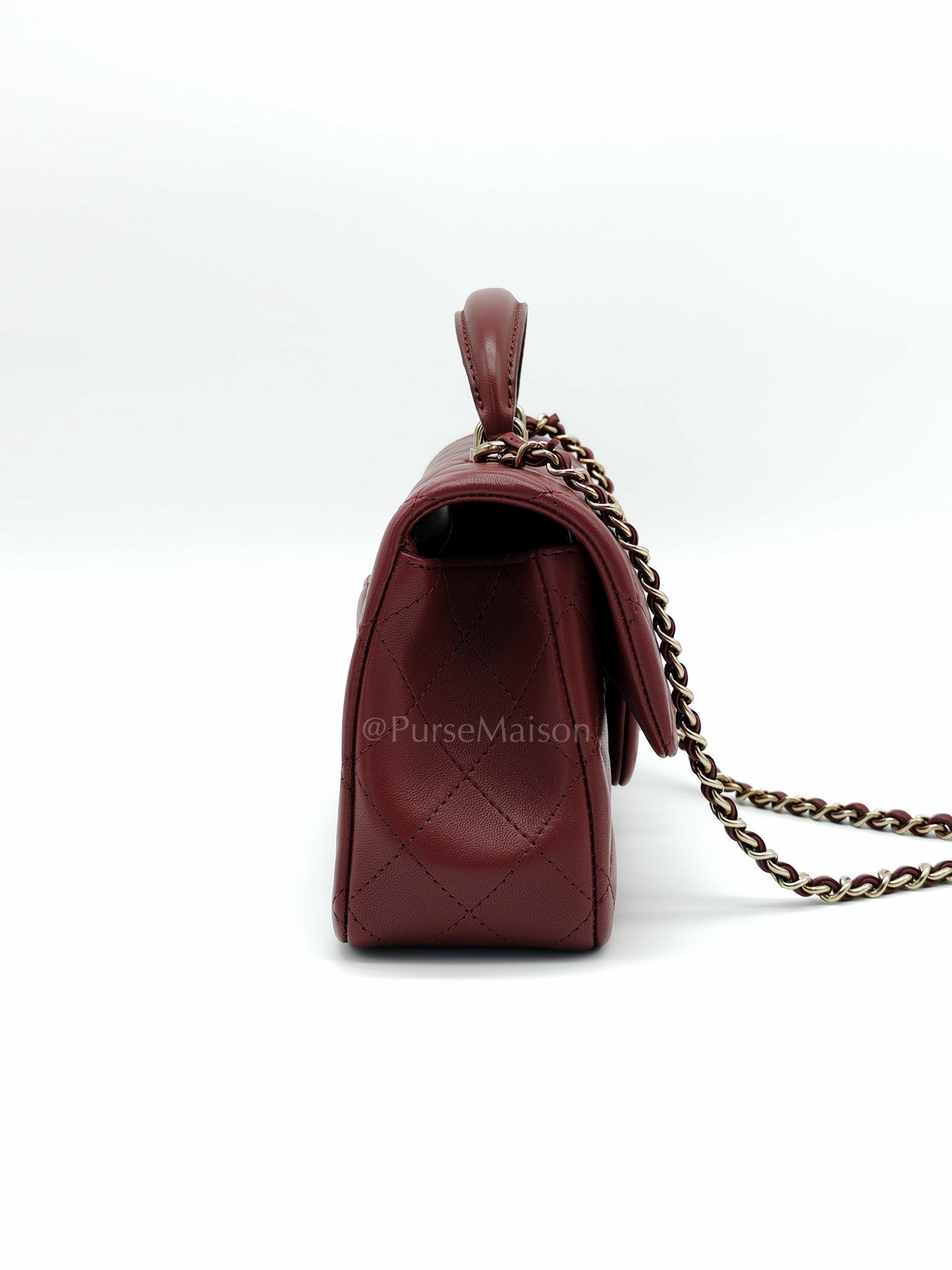 Mini Rectangle Top Handle in Burgundy Quilted Lambskin Leather and Light Gold Hardware (Microchip) | Purse Maison Luxury Bags Shop