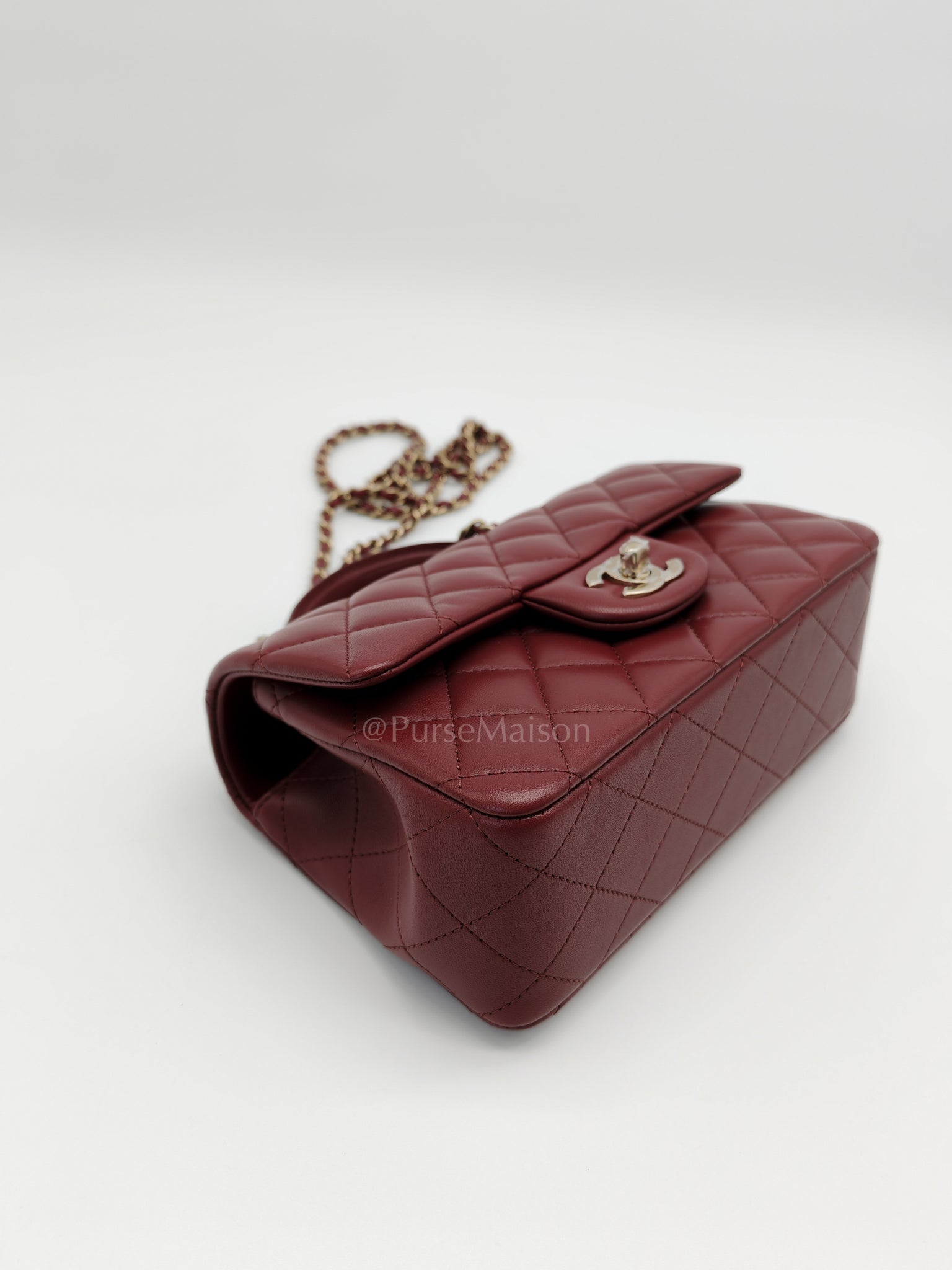Mini Rectangle Top Handle in Burgundy Quilted Lambskin Leather and Light Gold Hardware (Microchip) | Purse Maison Luxury Bags Shop