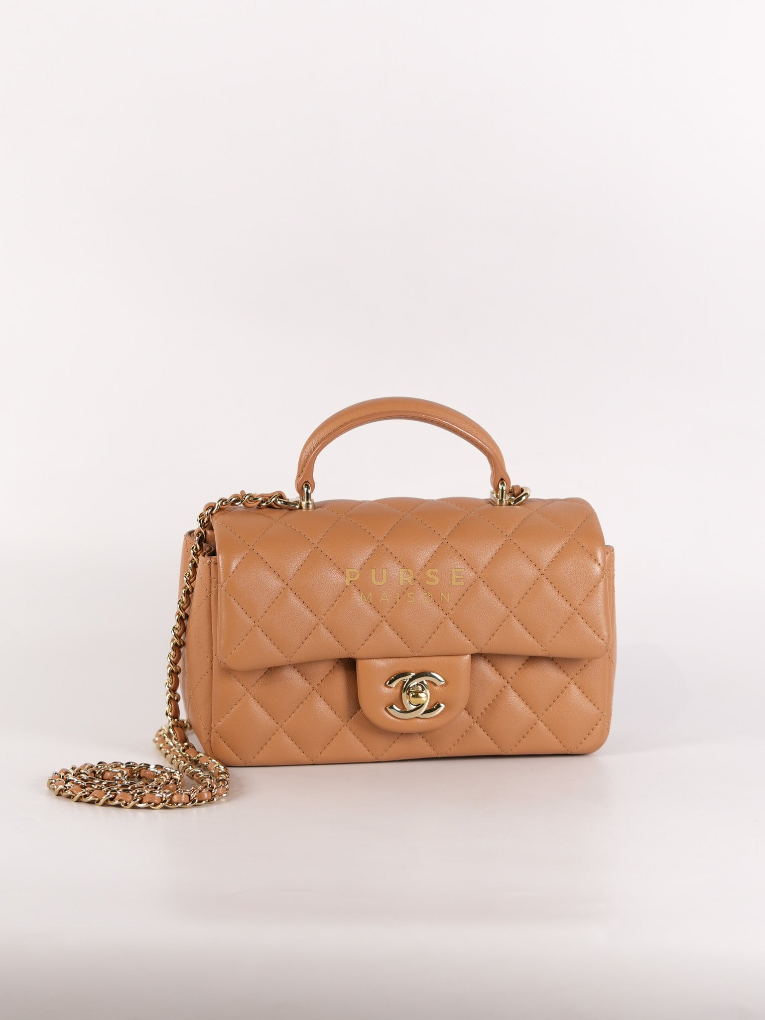 Mini Rectangle Top Handle in Caramel Lambskin Gold Hardware (Microchip) | Purse Maison Luxury Bags Shop