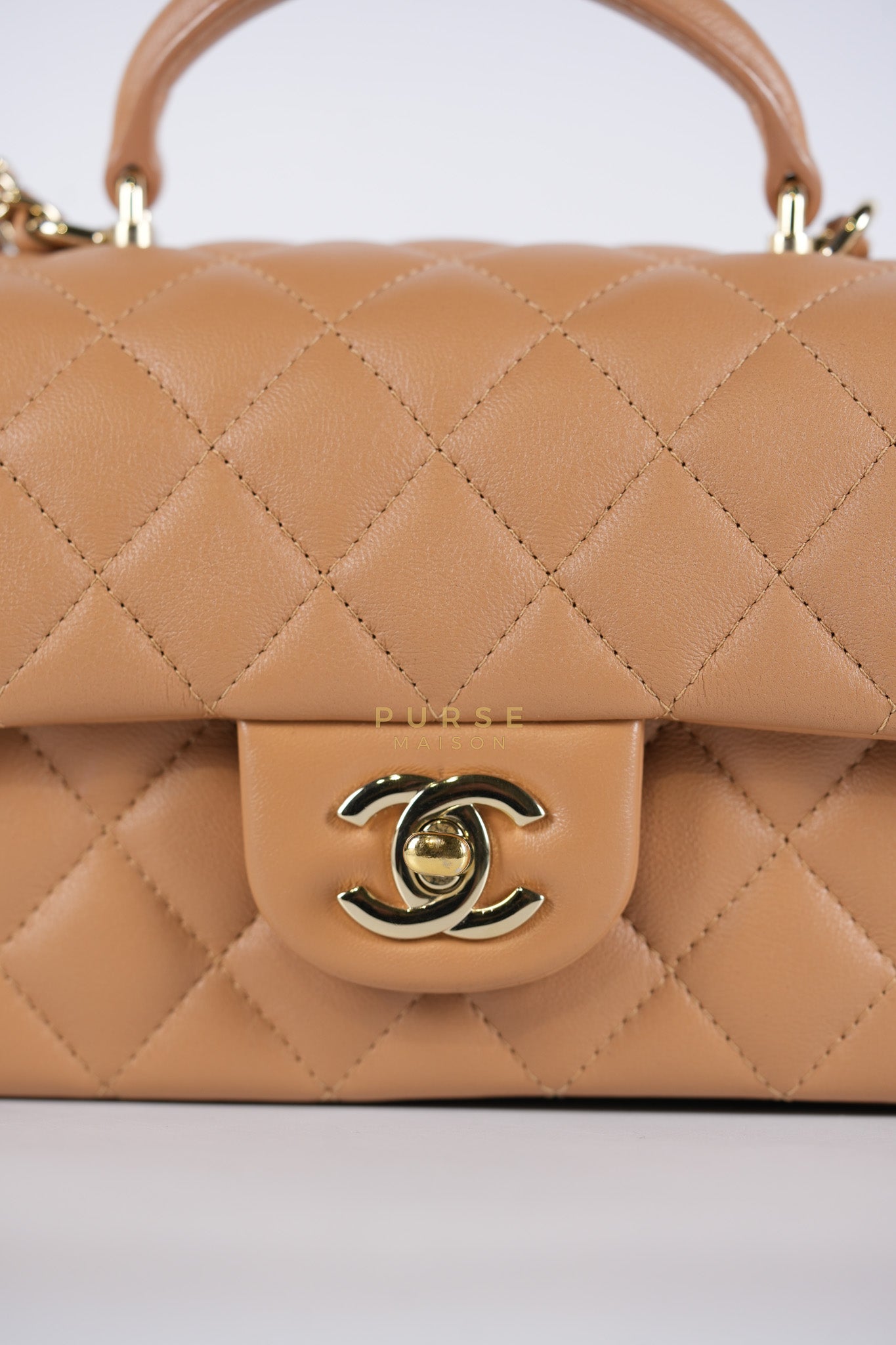 Mini Rectangle Top Handle in Caramel Lambskin Gold Hardware (Microchip) | Purse Maison Luxury Bags Shop