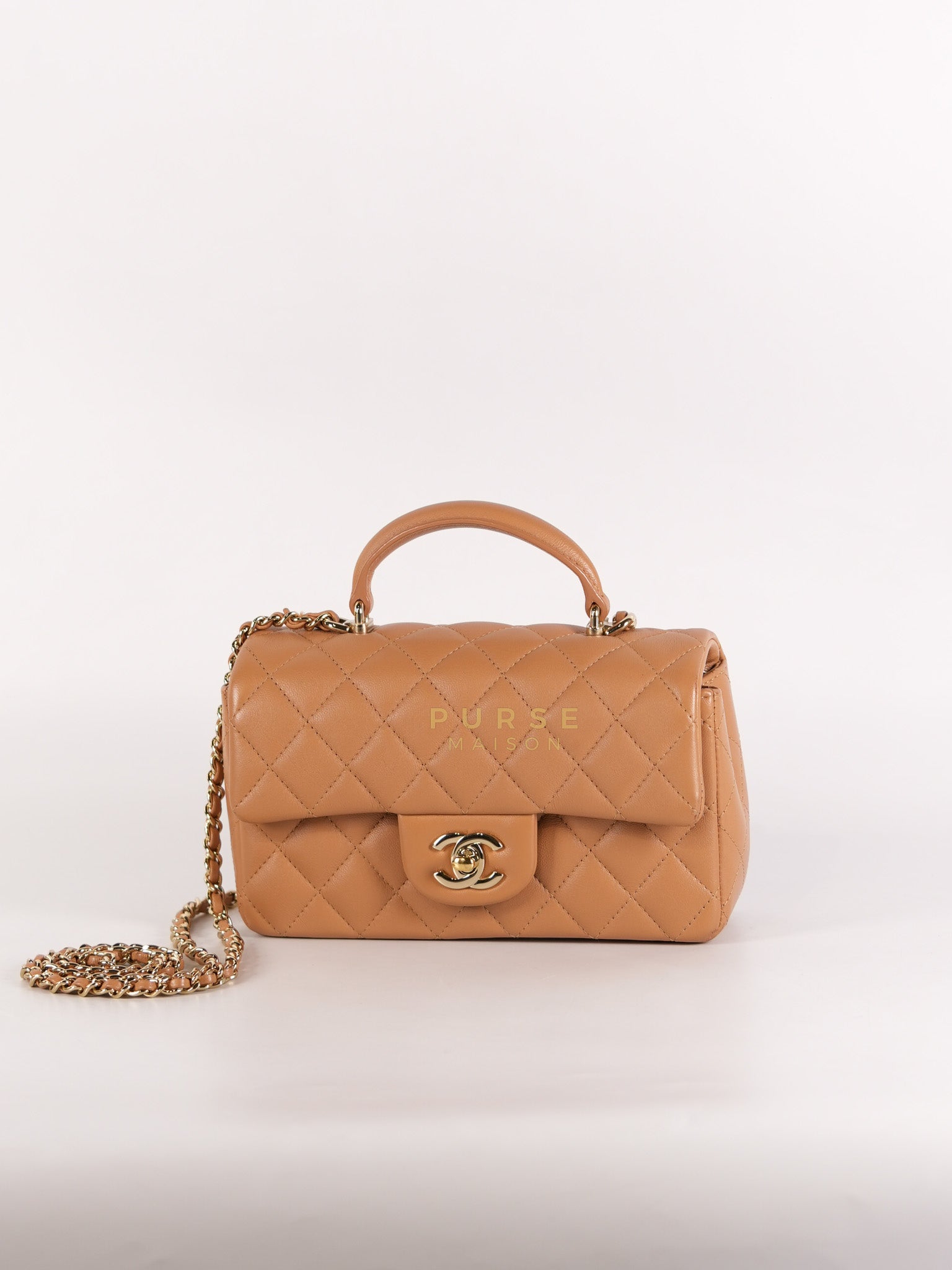 Mini Rectangle Top Handle in Caramel Lambskin Gold Hardware (Microchip) | Purse Maison Luxury Bags Shop