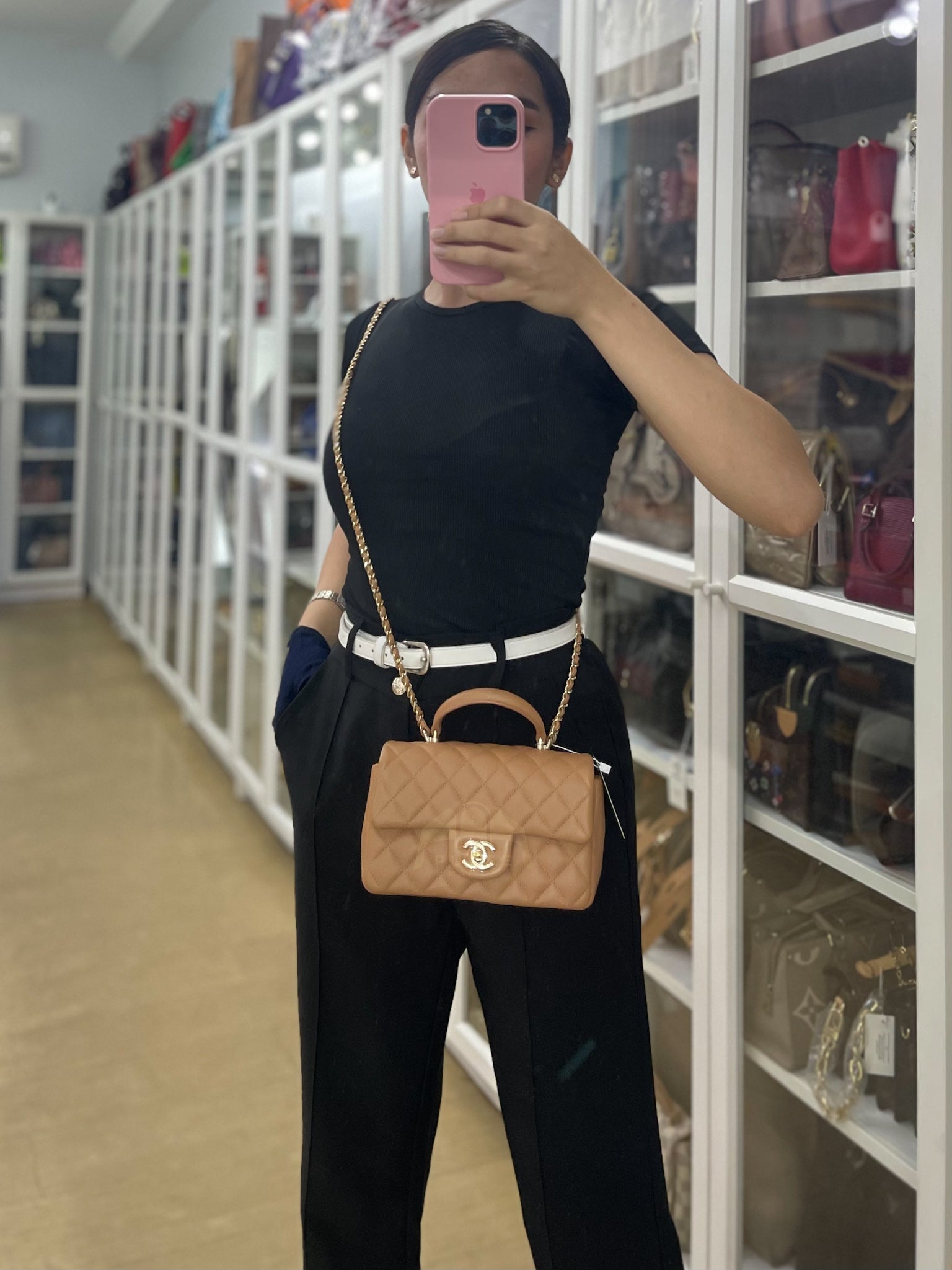 Mini Rectangle Top Handle in Caramel Lambskin Gold Hardware (Microchip) | Purse Maison Luxury Bags Shop