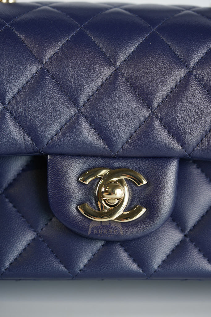 Mini Rectangle Top Handle in Navy Blue Lambskin Leather and Light Gold Hardware (Microchip) | Purse Maison Luxury Bags Shop