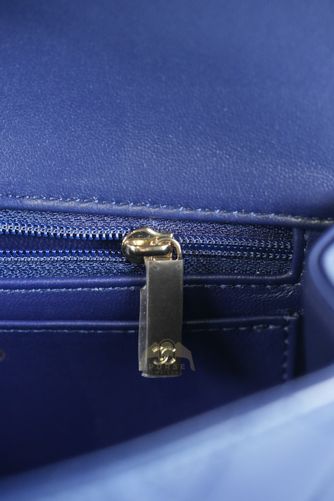 Mini Rectangle Top Handle in Navy Blue Lambskin Leather and Light Gold Hardware (Microchip) | Purse Maison Luxury Bags Shop