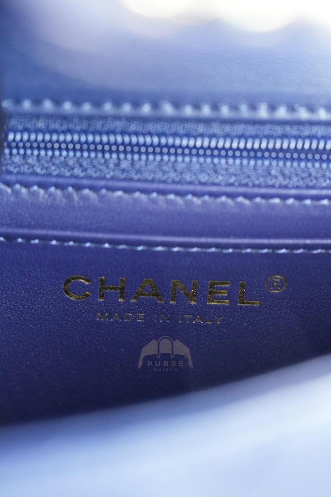 Mini Rectangle Top Handle in Navy Blue Lambskin Leather and Light Gold Hardware (Microchip) | Purse Maison Luxury Bags Shop