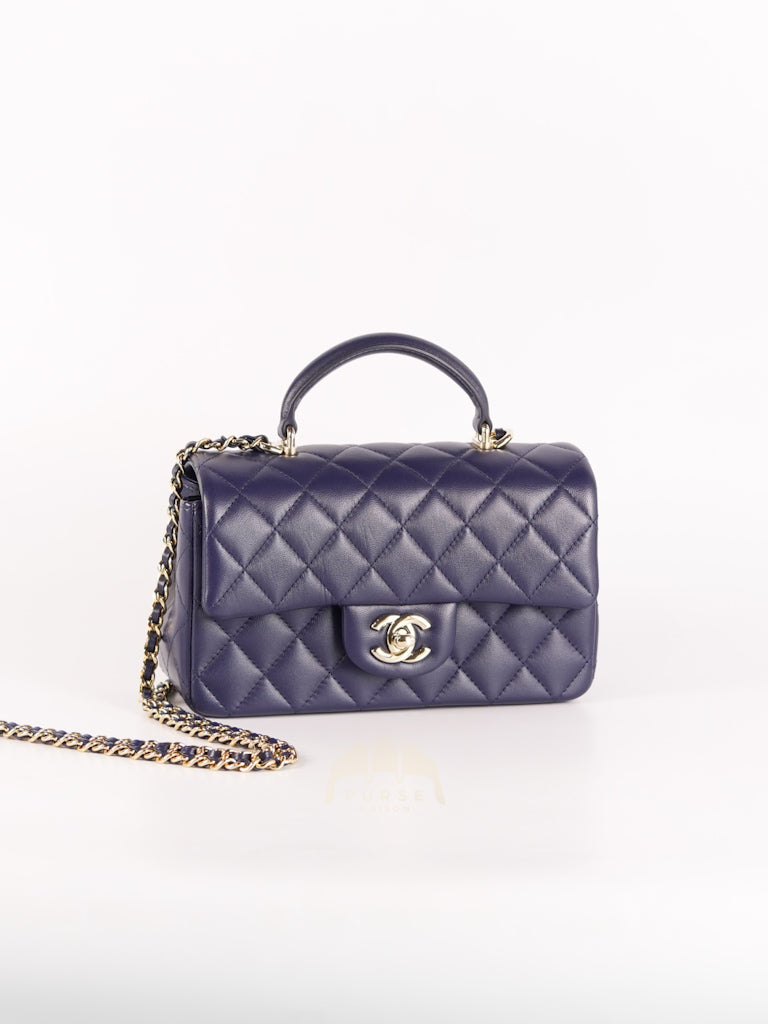 Mini Rectangle Top Handle in Navy Blue Lambskin Leather and Light Gold Hardware (Microchip) | Purse Maison Luxury Bags Shop