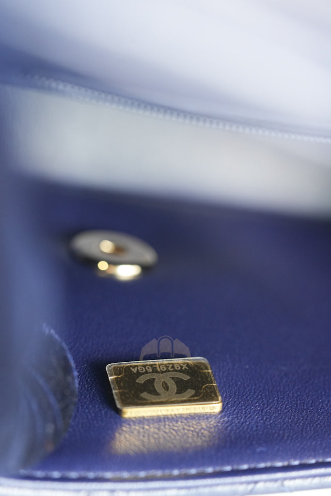 Mini Rectangle Top Handle in Navy Blue Lambskin Leather and Light Gold Hardware (Microchip) | Purse Maison Luxury Bags Shop