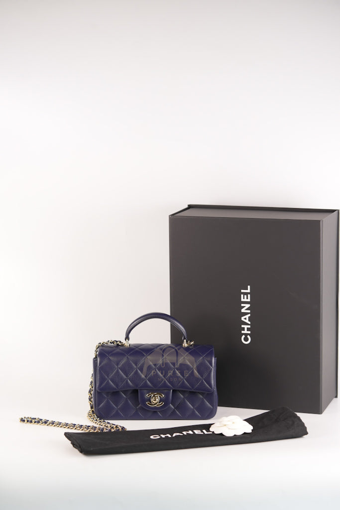 Mini Rectangle Top Handle in Navy Blue Lambskin Leather and Light Gold Hardware (Microchip) | Purse Maison Luxury Bags Shop