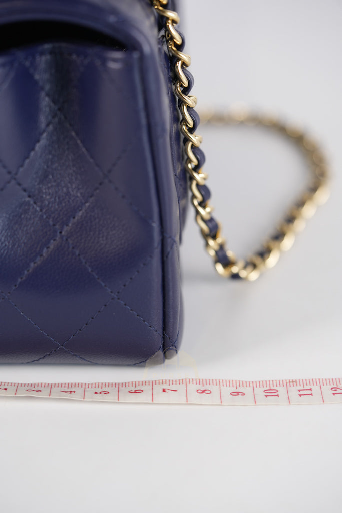 Mini Rectangle Top Handle in Navy Blue Lambskin Leather and Light Gold Hardware (Microchip) | Purse Maison Luxury Bags Shop