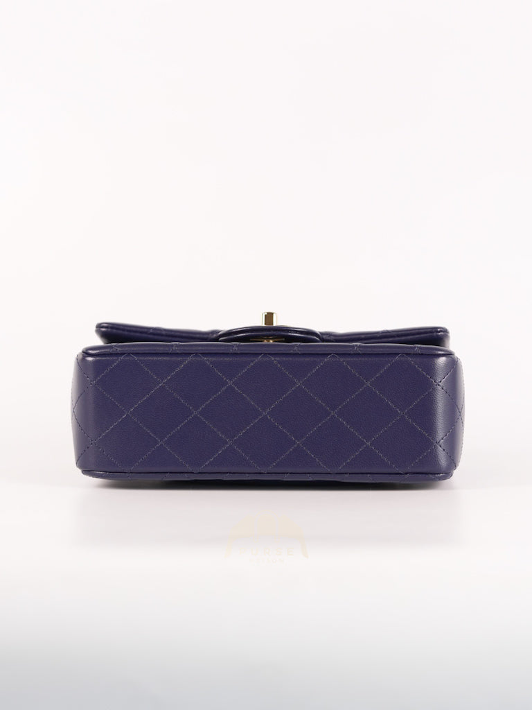 Mini Rectangle Top Handle in Navy Blue Lambskin Leather and Light Gold Hardware (Microchip) | Purse Maison Luxury Bags Shop