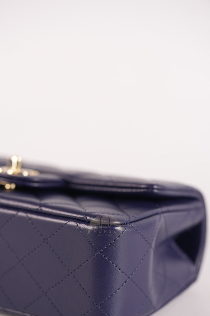 Mini Rectangle Top Handle in Navy Blue Lambskin Leather and Light Gold Hardware (Microchip) | Purse Maison Luxury Bags Shop