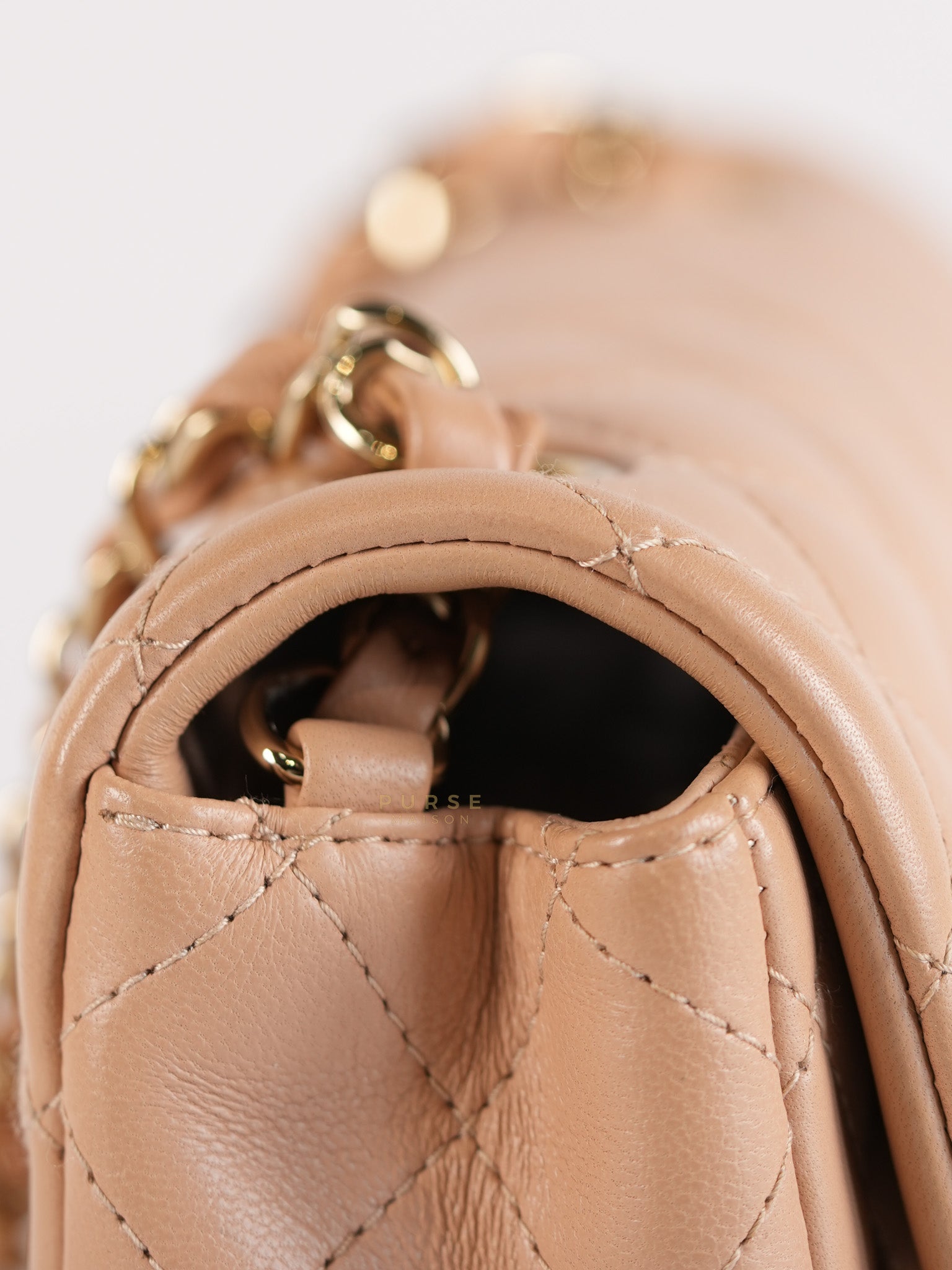 Mini Rectangular Flap Bag in Beige Lambskin Leather & Light Gold Hardware Microchip | Purse Maison Luxury Bags Shop