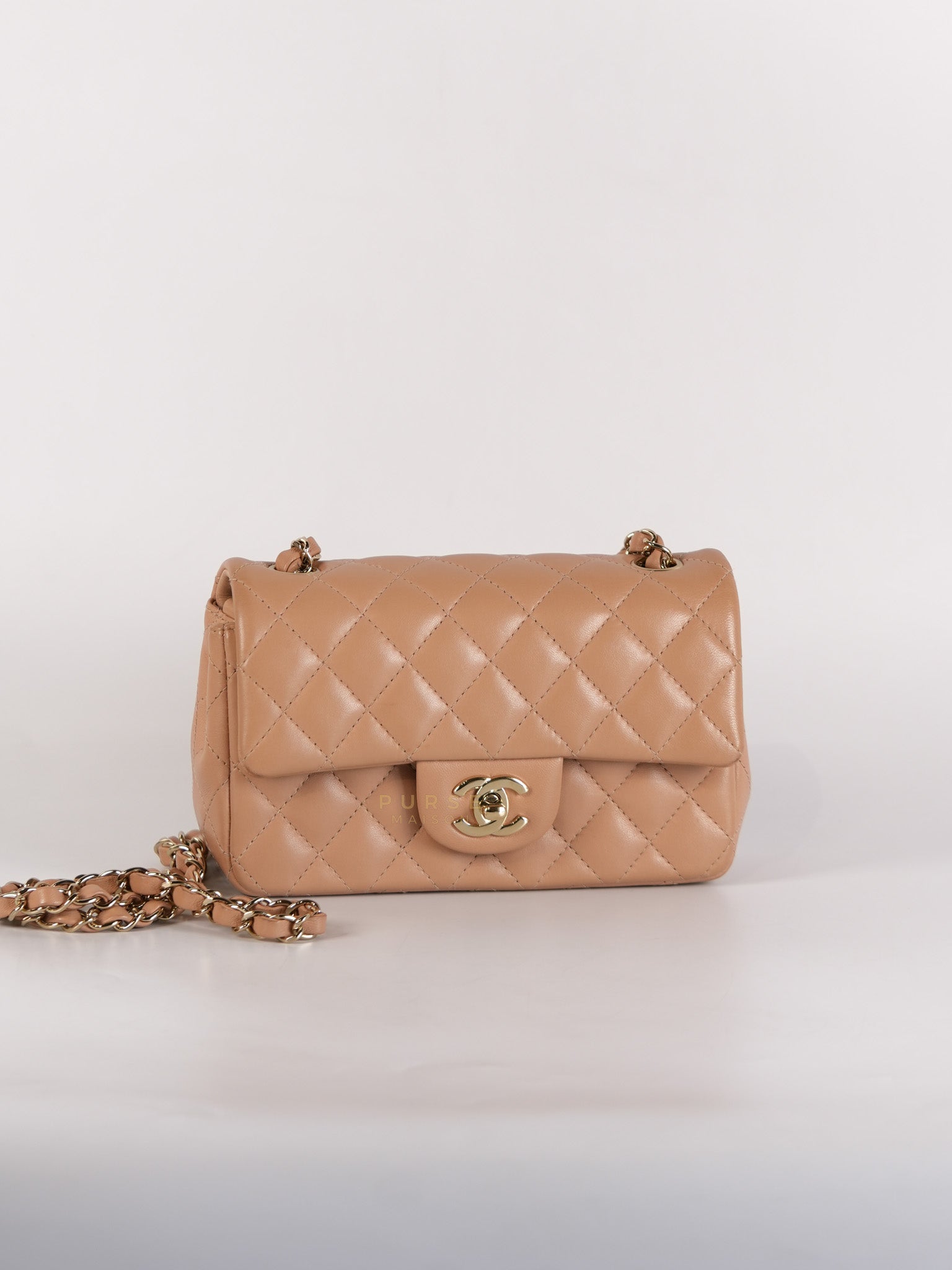 Mini Rectangular Flap Bag in Beige Lambskin Leather & Light Gold Hardware Microchip | Purse Maison Luxury Bags Shop